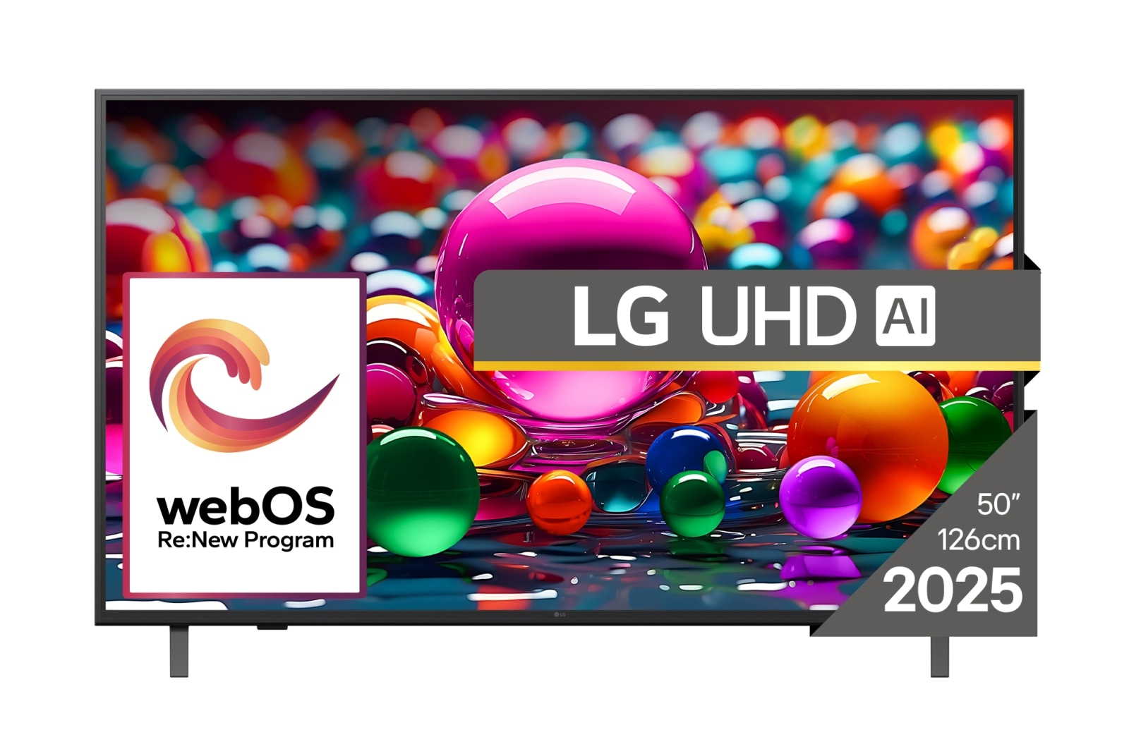 Telewizor LG UHD AI. Wyświetla kolorowe kule. Logo webOS po lewej. 50", 126cm i 2025 po prawej.