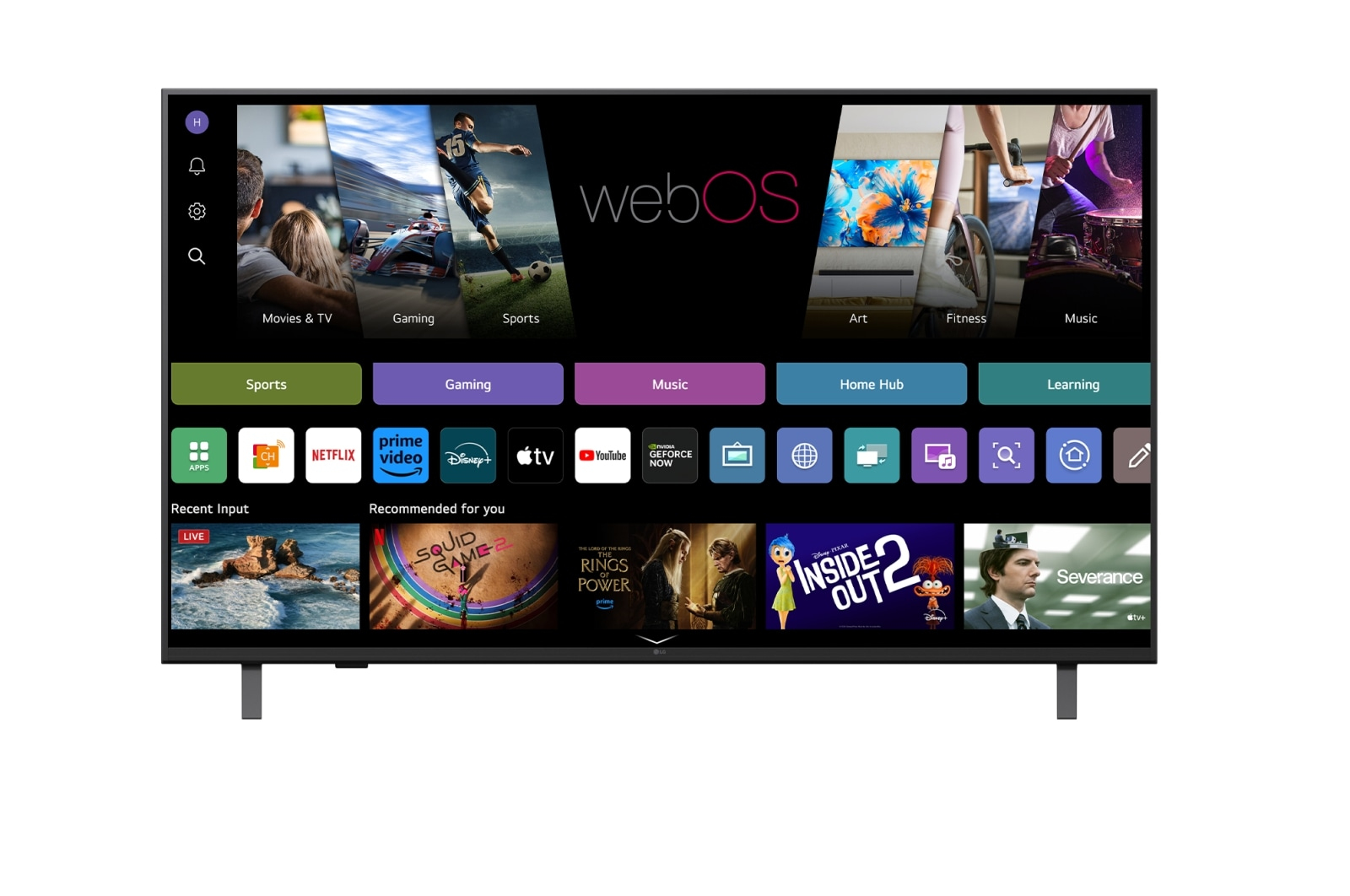 Smart TV wyświetla interfejs webOS z ikonami aplikacji i podglądami treści, takimi jak sport, filmy i usługi strumieniowania.