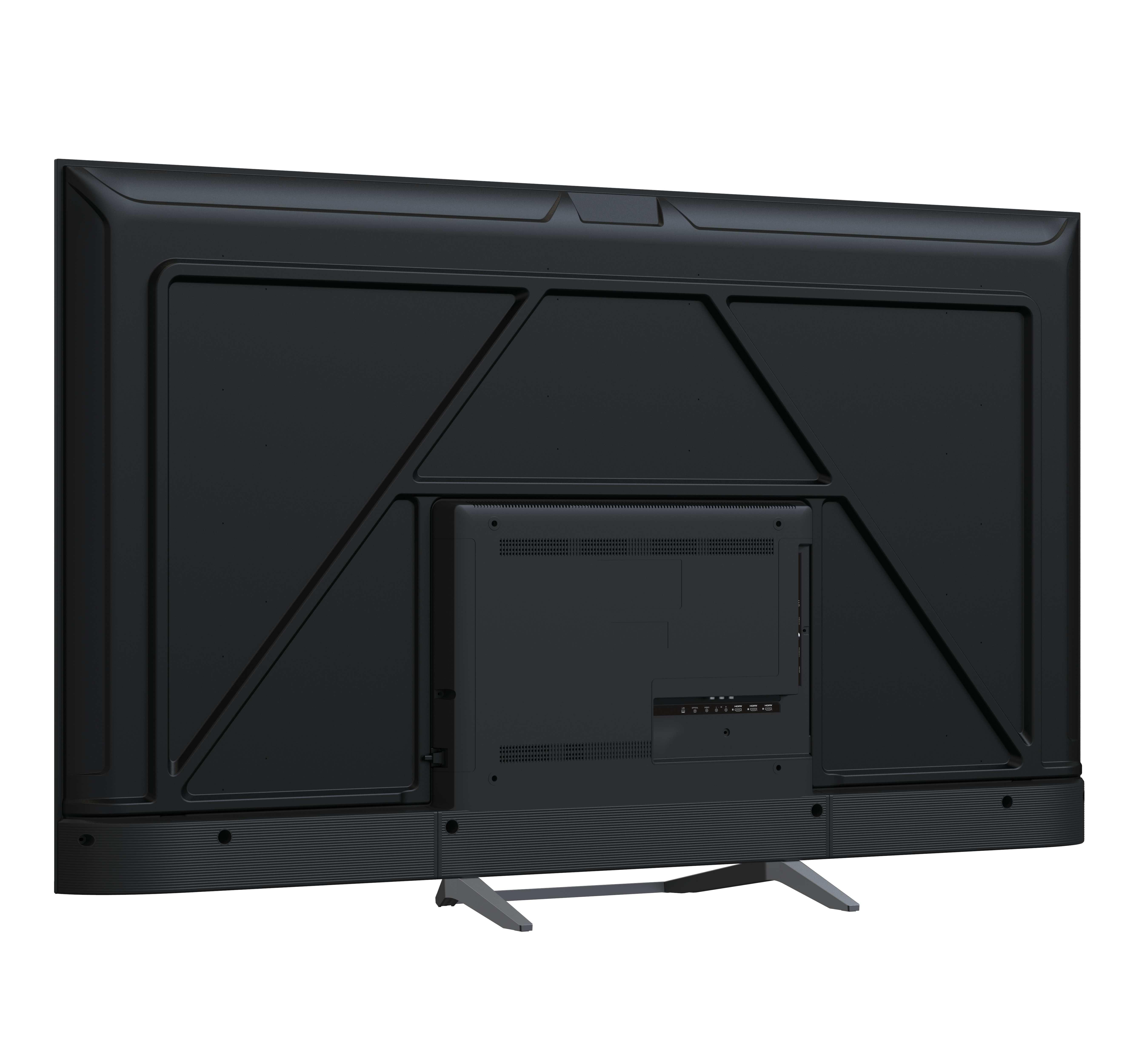 Retro di una TV nera. Ha un pannello centrale con porte, un fondo strutturato e due supporti argentati.