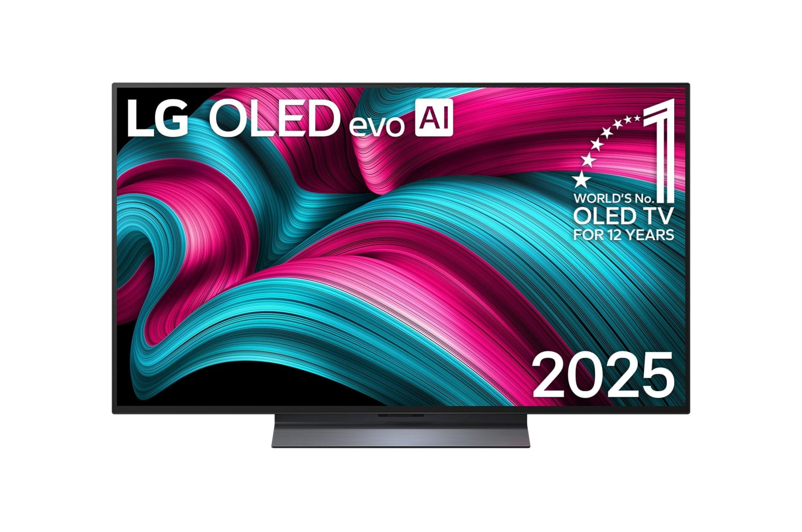 TV LG OLED evo AI. Schermo con vortici rosa e turchese. Testo bianco: 'World's No.1 OLED TV'. Viene visualizzato anche l'anno 2025.
