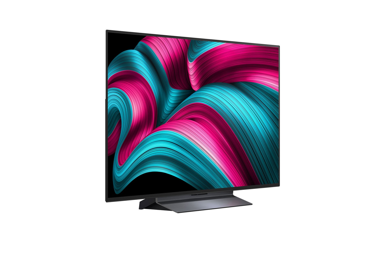 Una TV moderna con uno schermo che mostra un vivace motivo astratto di linee rosa e turchese vorticose, su sfondo nero.