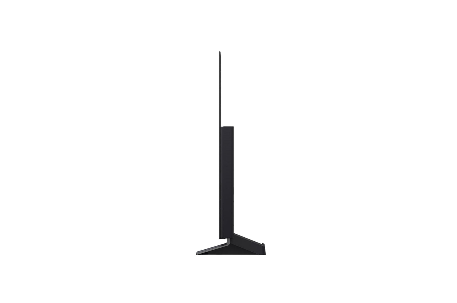Vista laterale di un televisore OLED nero su sfondo bianco. La TV ha uno schermo sottile e una base rettangolare.
