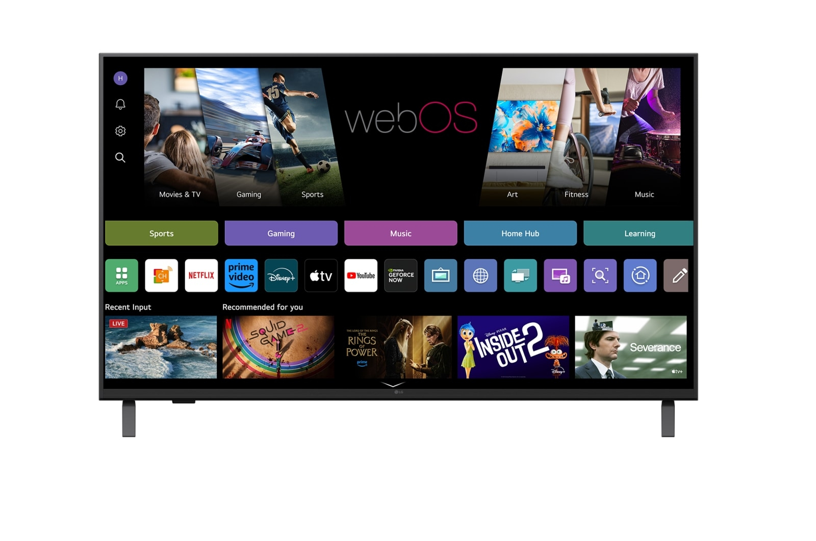 Telewizor wyświetlający interfejs webOS. Pokazuje aplikacje, usługi przesyłania strumieniowego i podglądy treści. Widoczne są różne kategorie, takie jak sport i filmy.