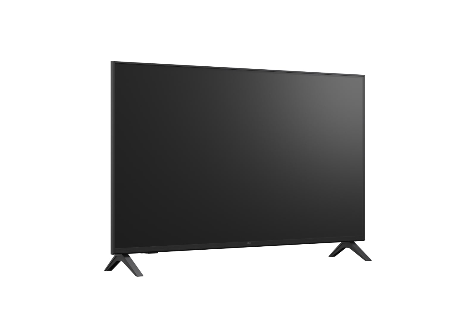 Czarny telewizor z płaskim ekranem na białym tle. Telewizor ma dwie czarne nogi, a ekran jest włączony.