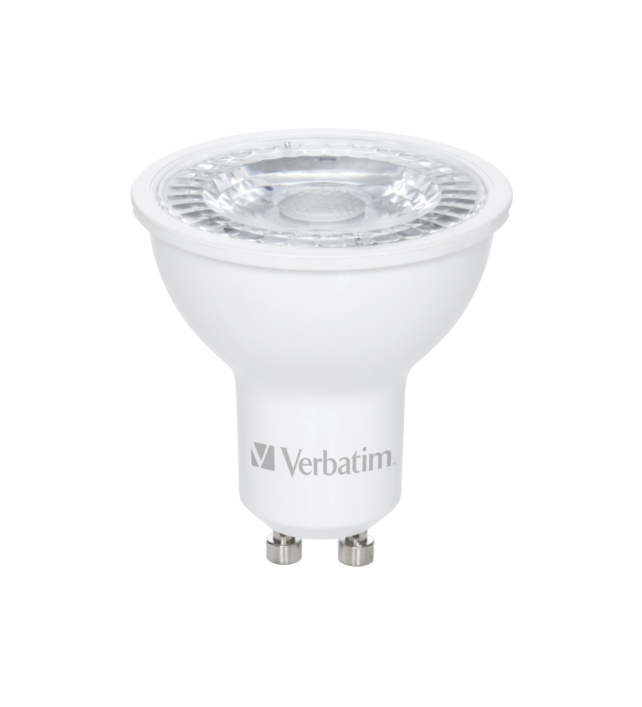 Una lampadina LED Verbatim bianca. Ha una lente trasparente e due pin argentati alla base. Il marchio è visibile.