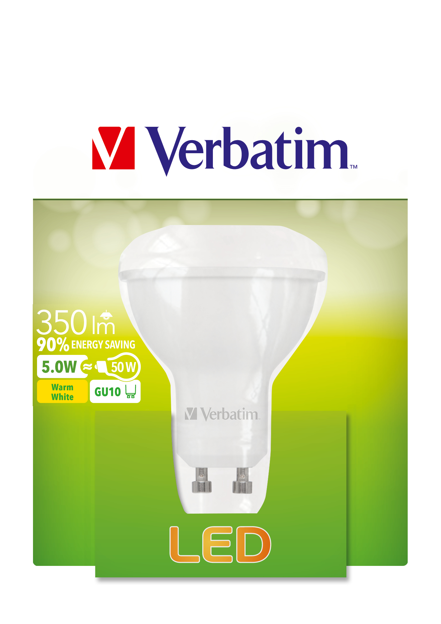 Una lampadina LED Verbatim. Mostra informazioni sul risparmio energetico. La lampadina è bianca e ha un attacco GU10.
