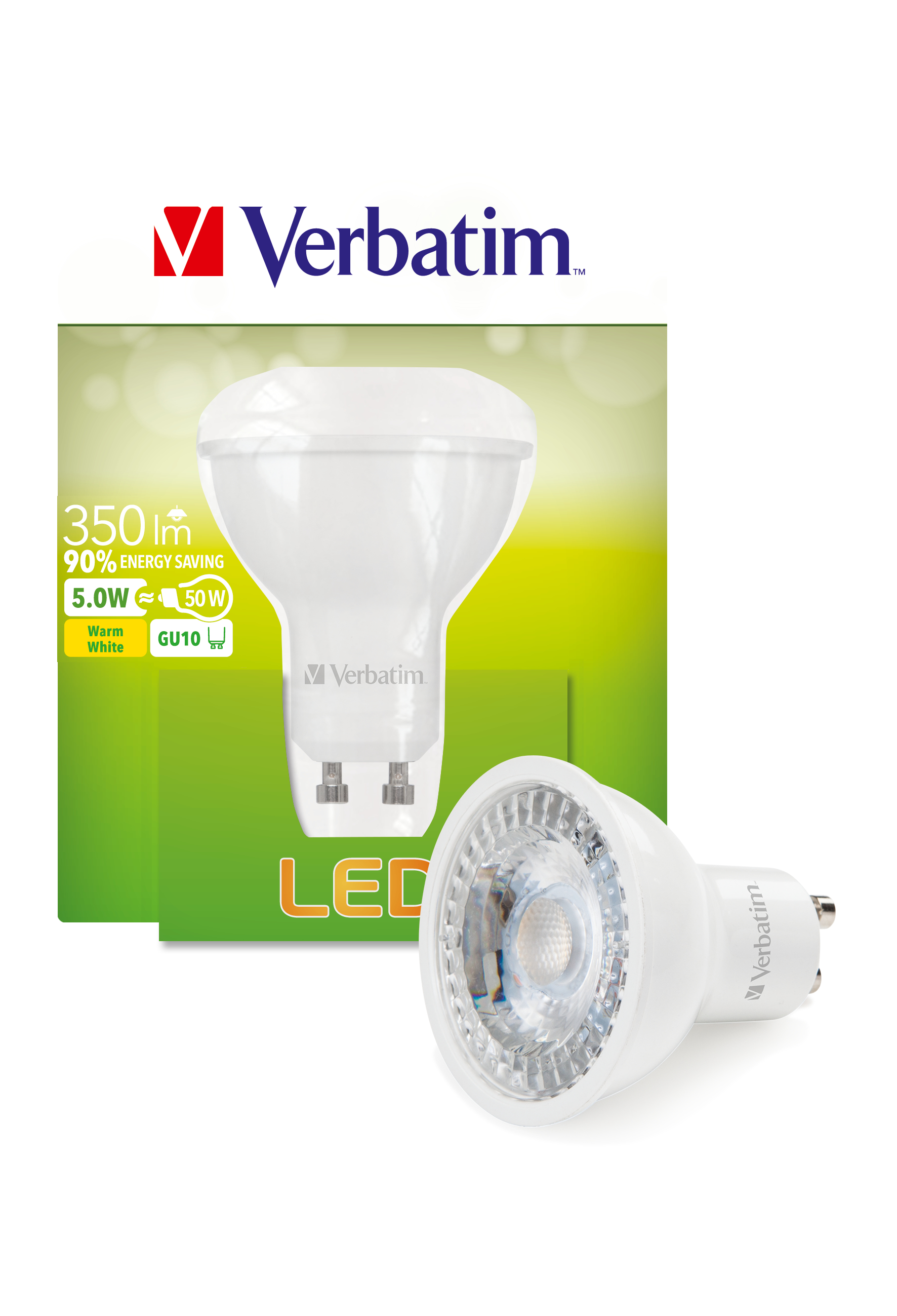 Una lampadina LED bianca con il logo 'Verbatim'. La confezione mostra dettagli sul risparmio energetico e specifiche GU10.