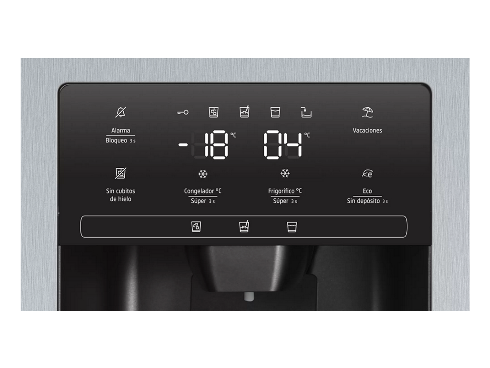 Primer plano del panel de control de un refrigerador. Muestra la temperatura, ajustes de hielo y agua e iconos de funcionamiento.