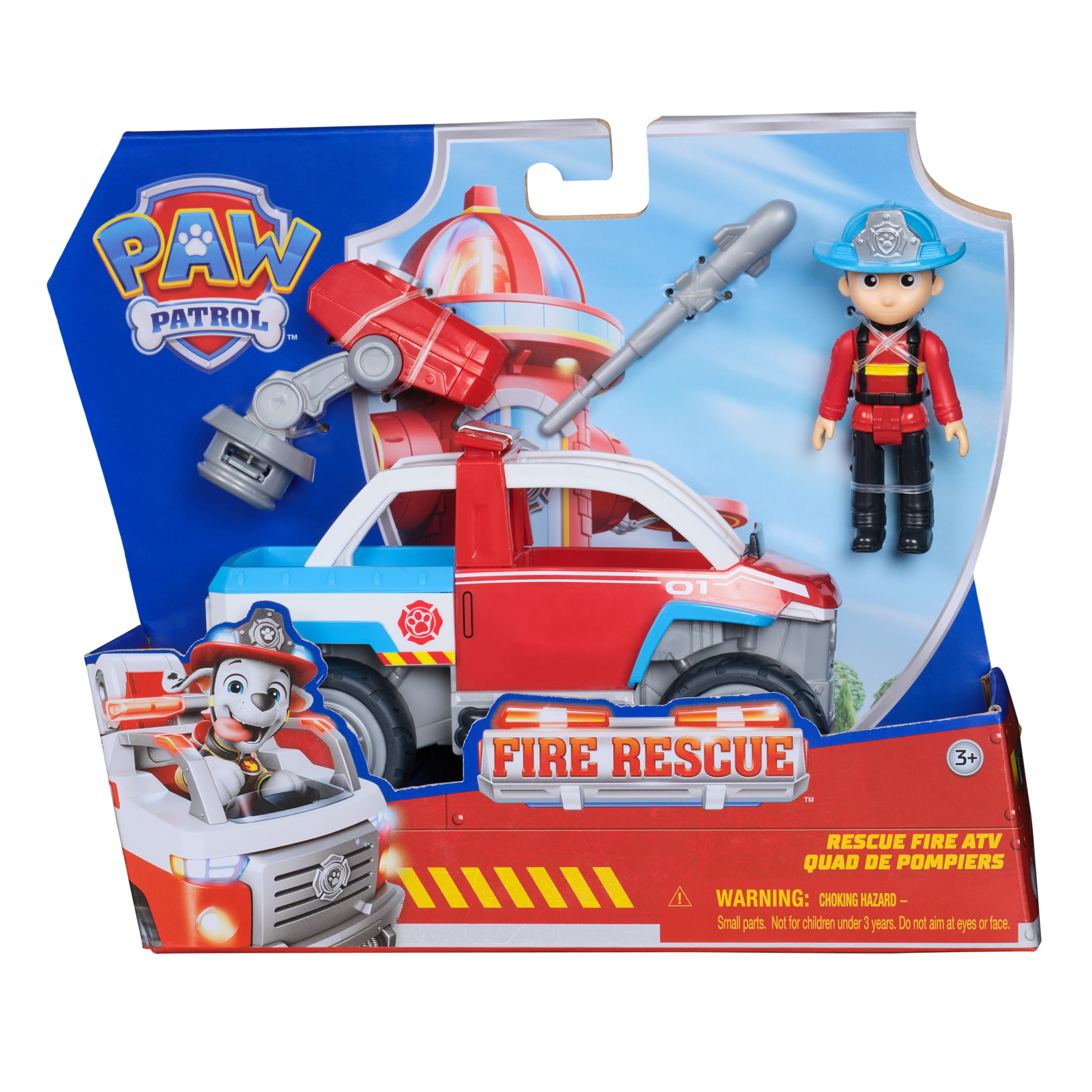 Juego de juguetes de rescate de incendios con un camión de bomberos rojo y blanco y una figura de bombero en un paquete azul y blanco.
