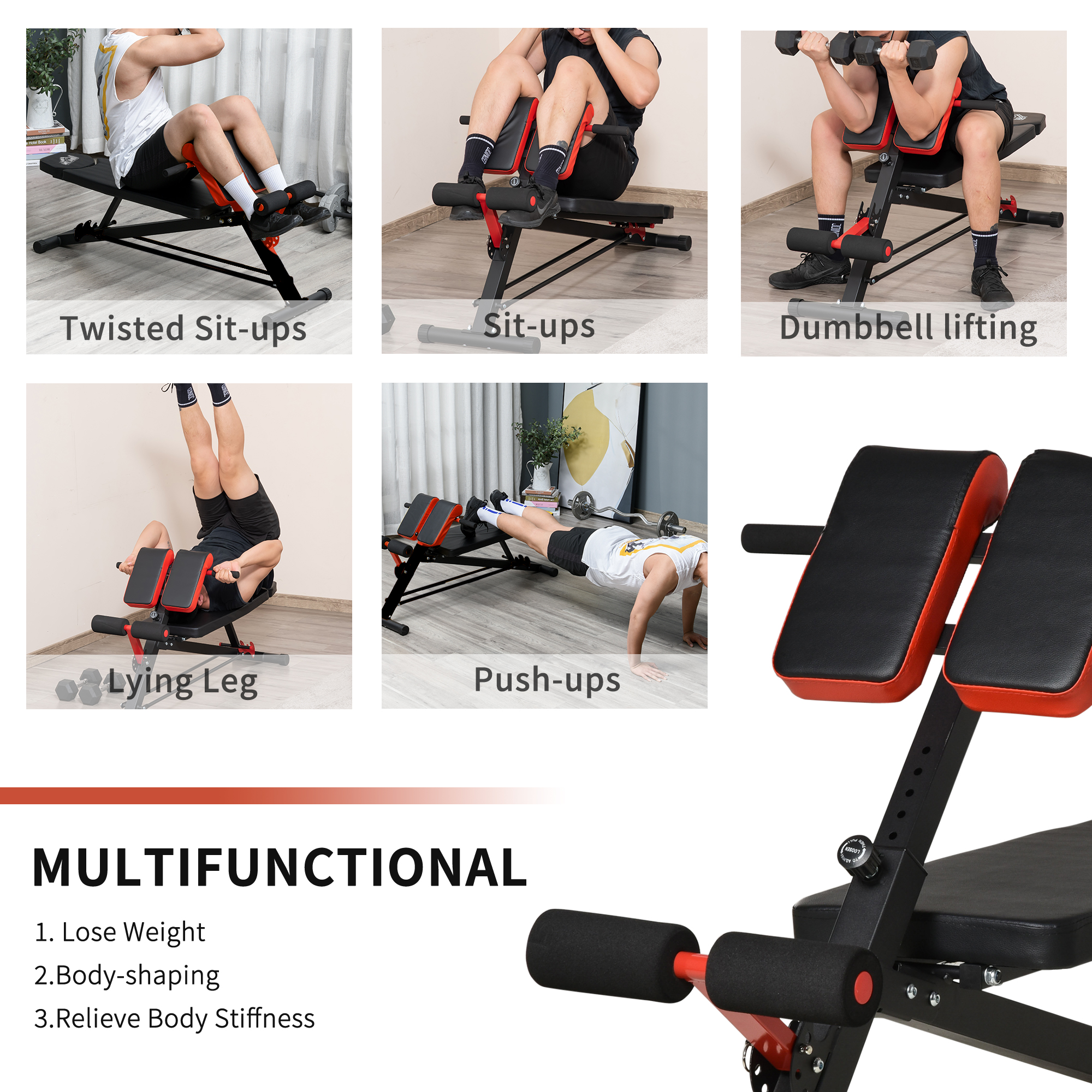 La imagen muestra un banco de pesas con personas haciendo diferentes ejercicios: abdominales torcidos, abdominales, levantamiento de pesas, piernas acostadas y flexiones.