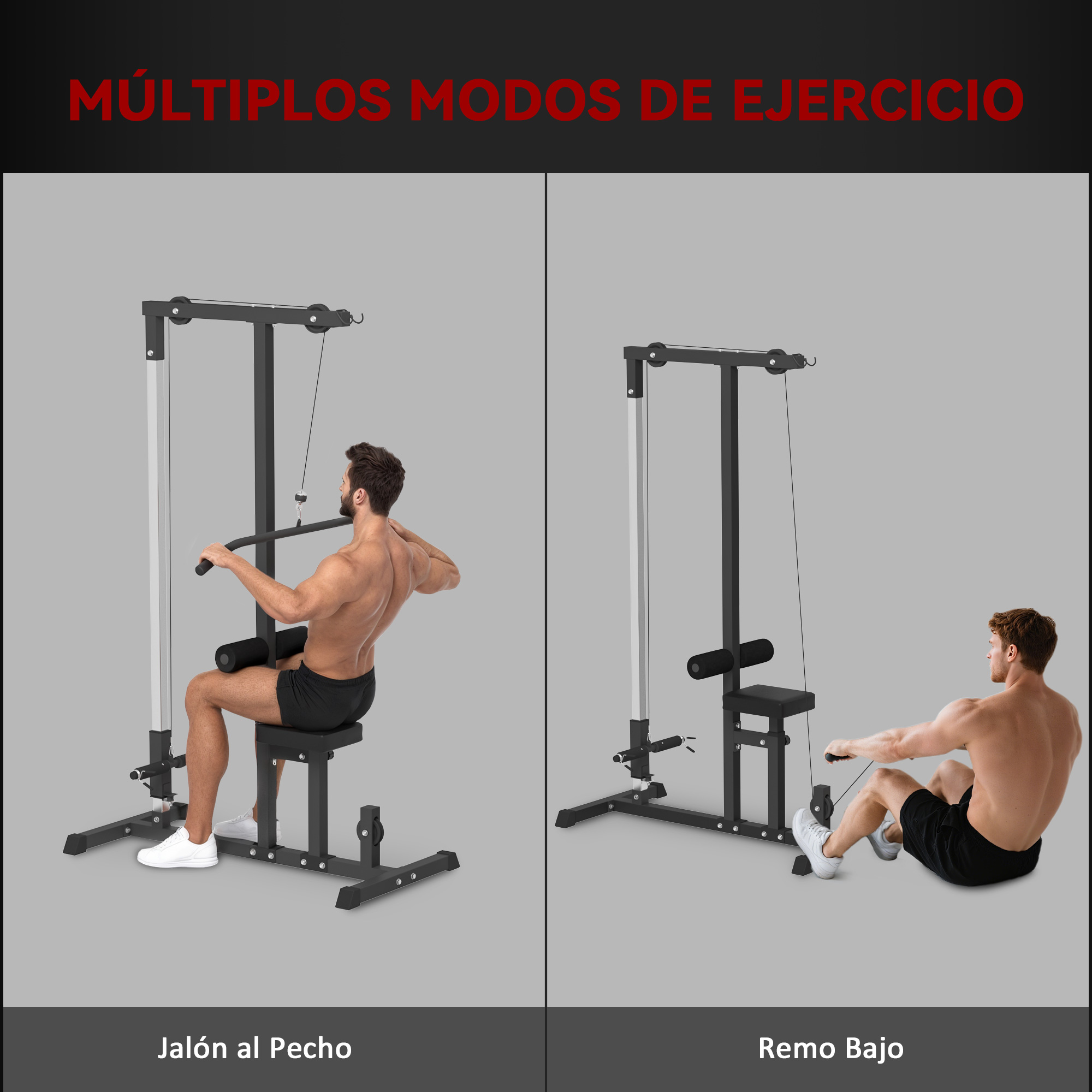 La imagen muestra a dos hombres usando máquinas de ejercicio. Uno hace dominadas, el otro remo bajo. Ambas máquinas son negras.