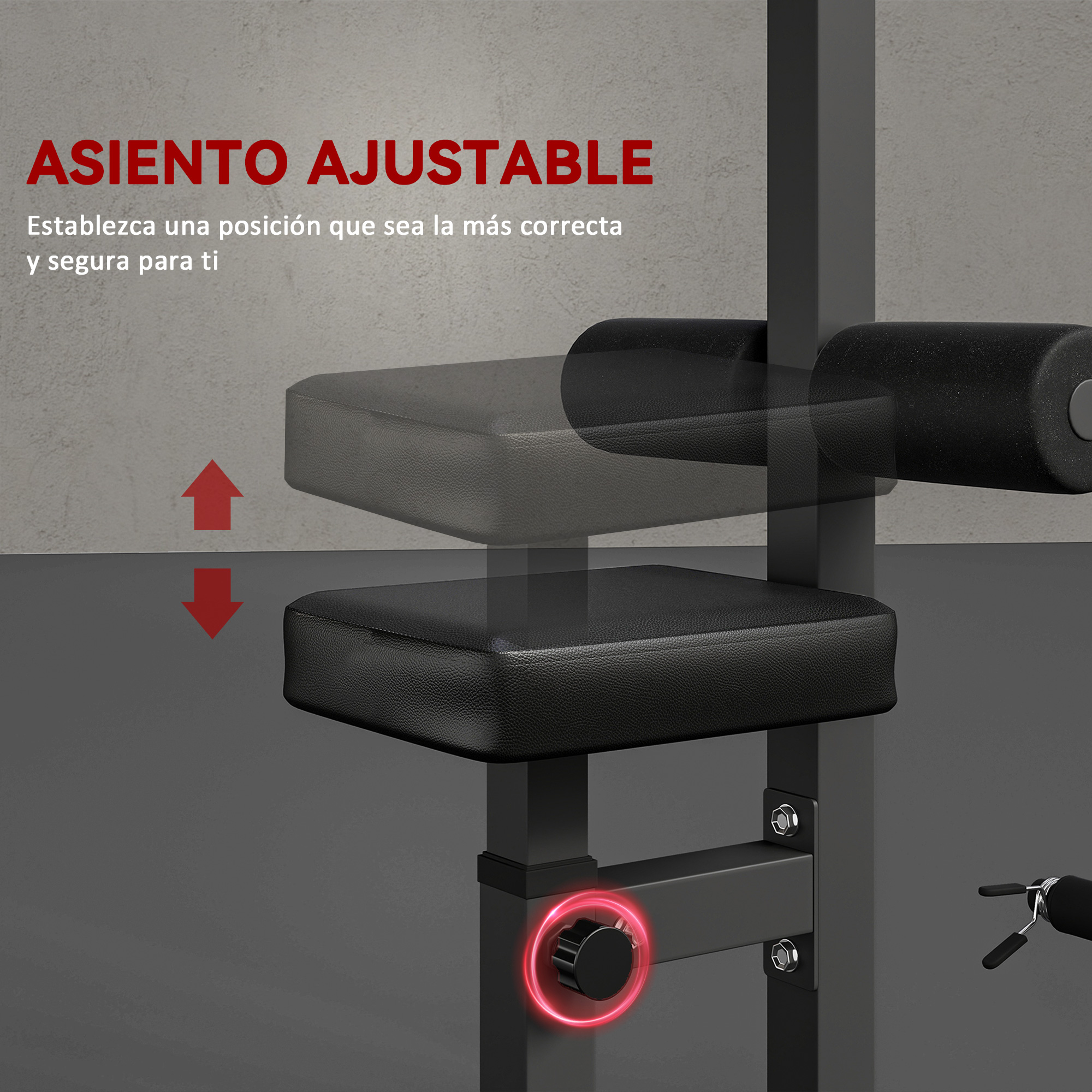 Un banco de pesas ajustable con cojines negros. Flechas rojas indican el ajuste. El fondo es una pared gris.