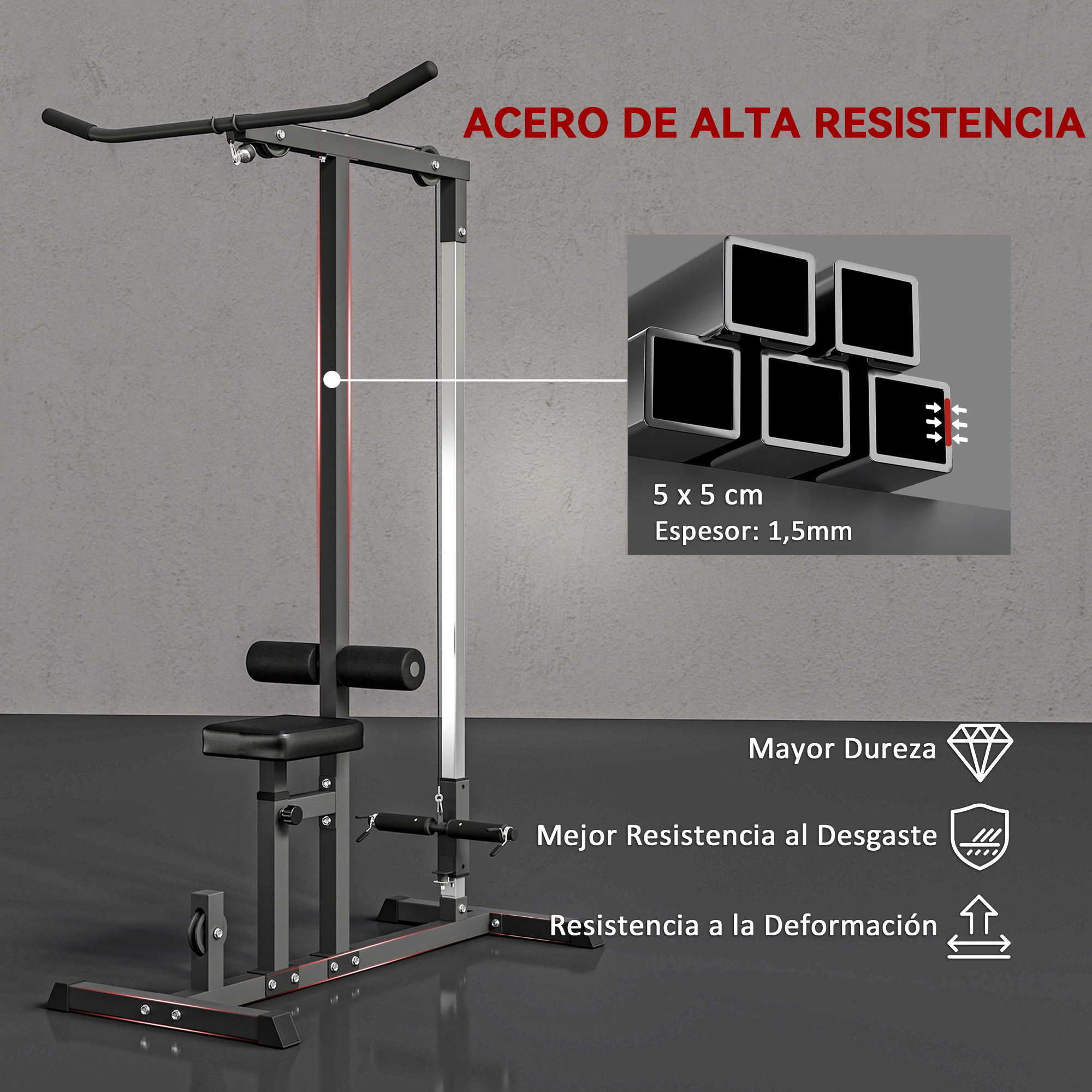 Una máquina de pesas negra y gris con texto sobre la resistencia del acero. Tiene un asiento y una barra en la parte superior.