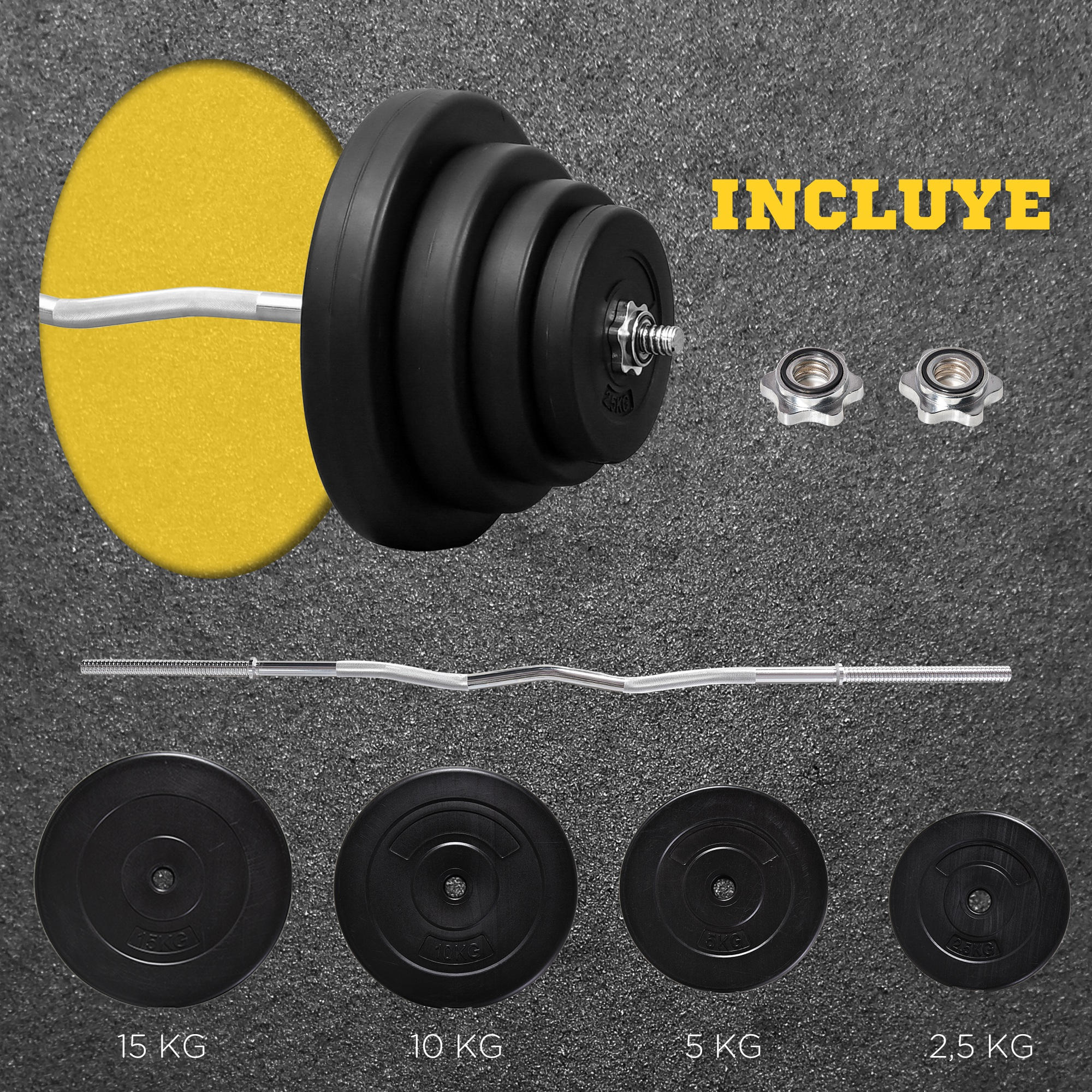 Juego de equipamiento de gimnasio. Incluye barra, discos (15, 10, 5, 2.5 kg) y tuercas de seguridad, sobre superficie texturizada.