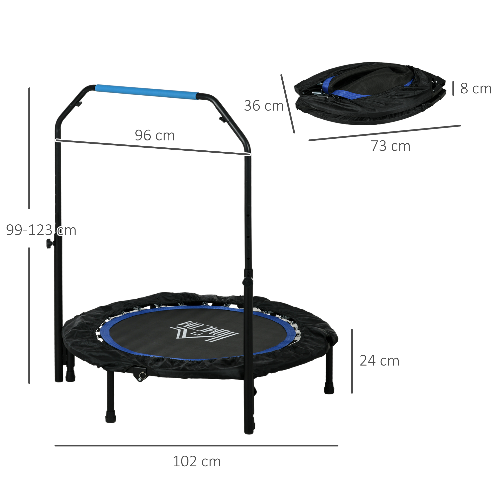Un trampolín negro y azul con barra de seguridad. Se indican las dimensiones. También se muestra un trampolín plegado.