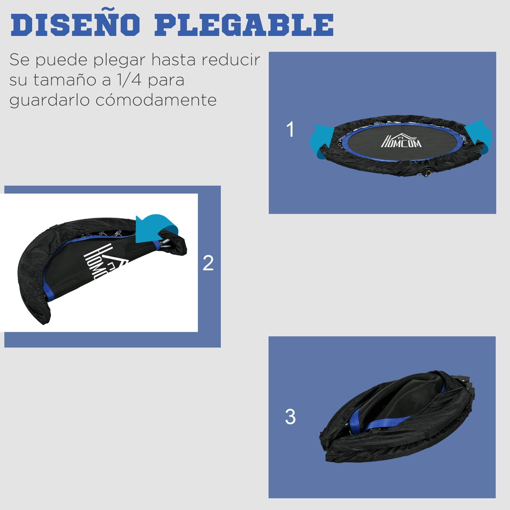 Un trampolín plegable en tres etapas, que muestra su proceso de plegado para guardarlo, con fondo azul.