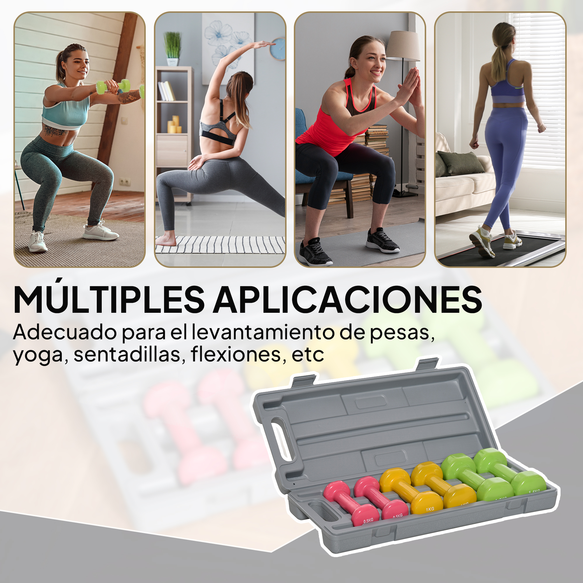 La imagen muestra mujeres haciendo ejercicio con pesas. En primer plano, un estuche con pesas.