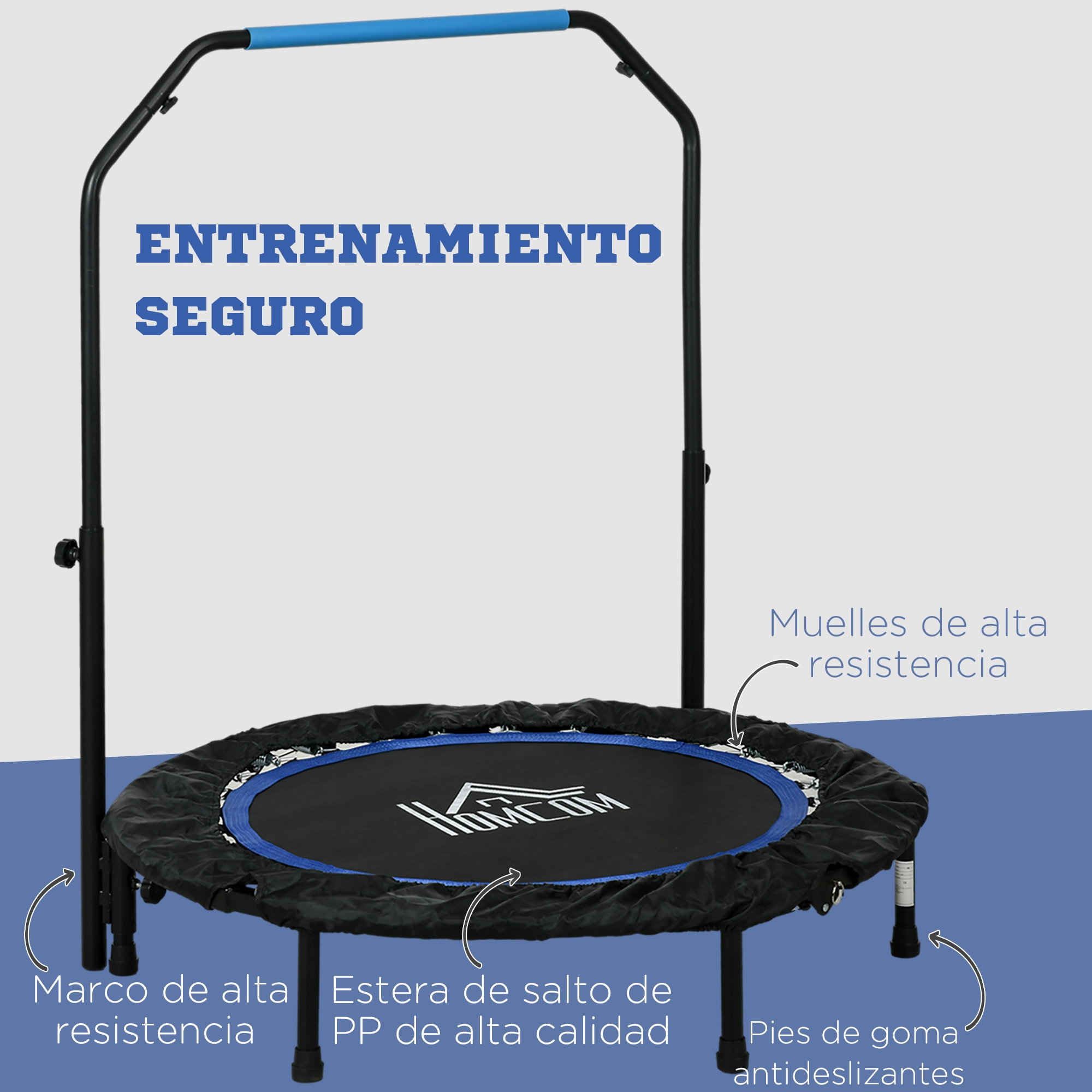 Un trampolín negro y azul con barra de seguridad. Características: marco de alta resistencia y pies de goma antideslizantes.