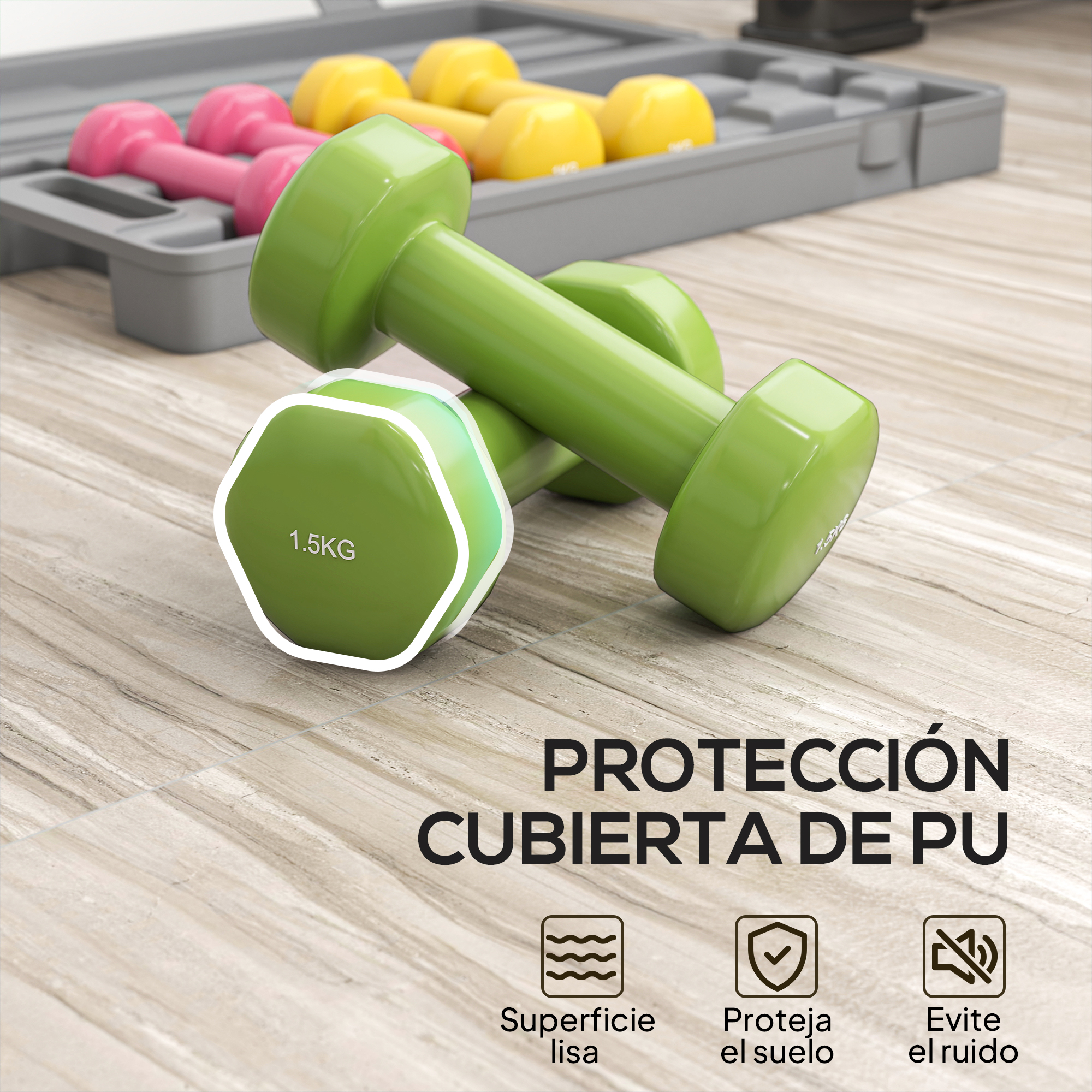 Mancuerna verde (1,5 kg) sobre piso de madera. Mancuernas rosa y amarillas en estuche. Texto: Protección cubierta de PU.
