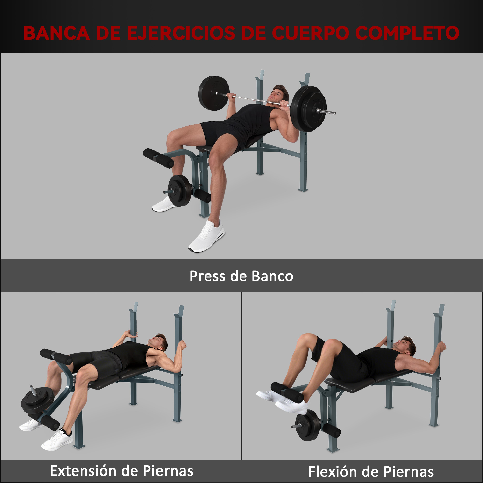 La imagen muestra un banco de ejercicios de cuerpo completo con tres demostraciones: press de banca, extensión de piernas y flexión de piernas.
