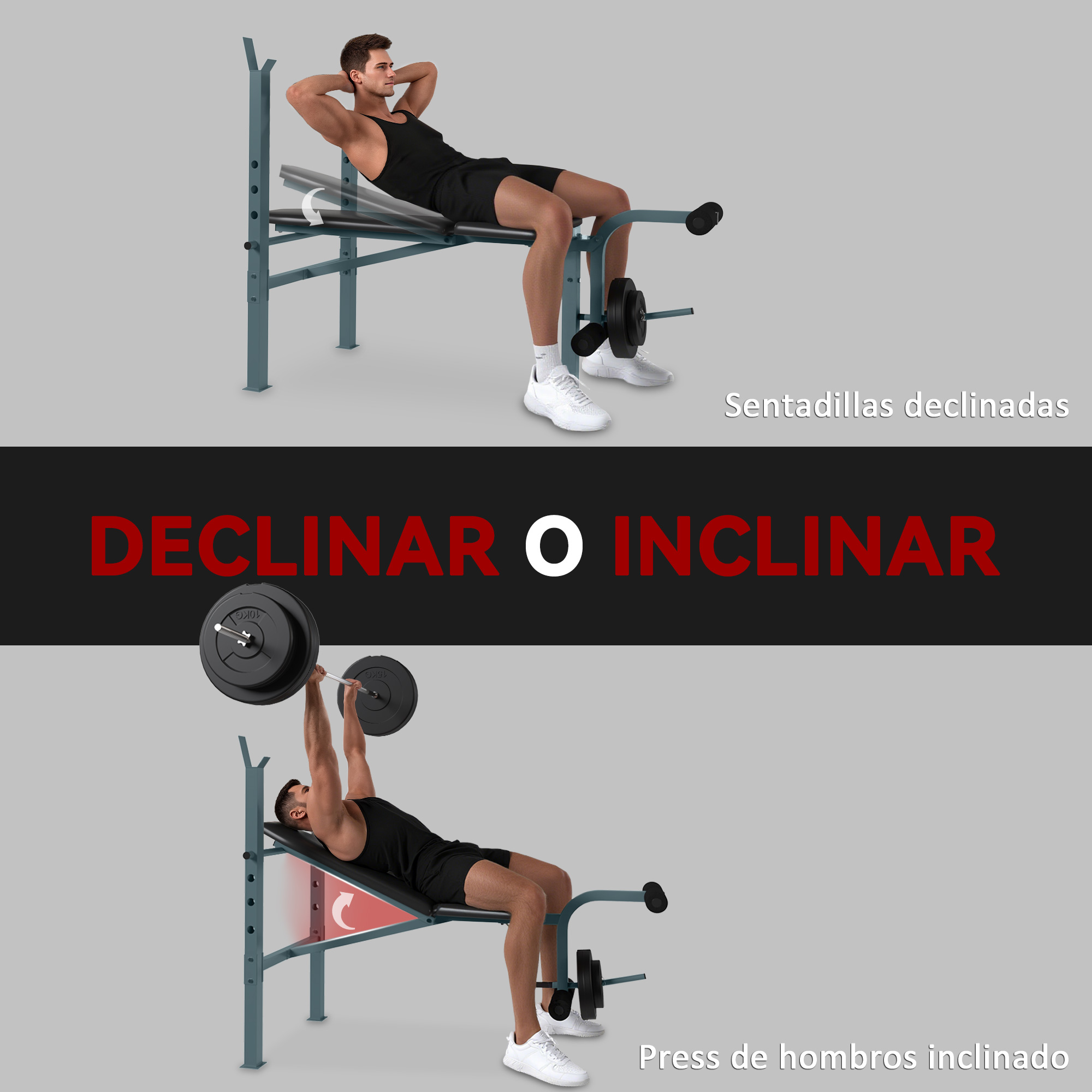 La imagen muestra dos ejercicios: abdominales declinados y press de hombros inclinado. Hombres usan un banco de pesas con pesas.