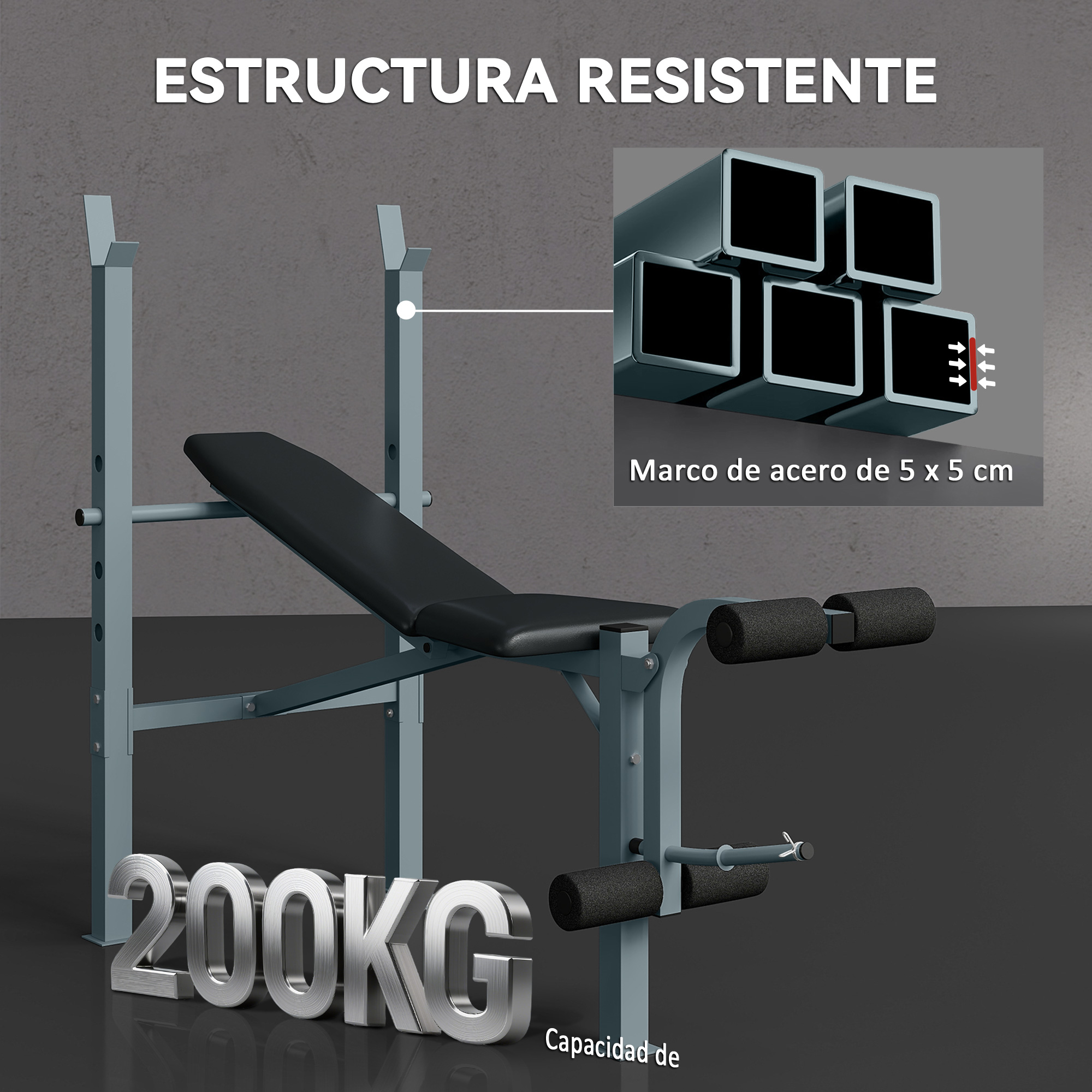 Un banco de pesas con soportes para piernas. Marco de acero, asiento acolchado negro y letrero de capacidad de 200KG. Se muestran detalles del marco de acero.