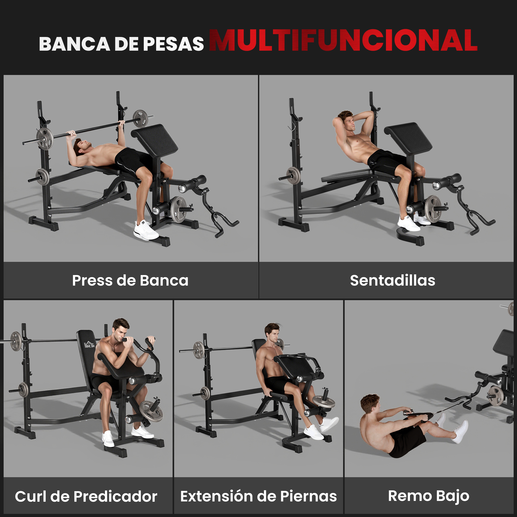 Una imagen muestra un banco de pesas multifuncional, con hombres demostrando ejercicios como press de banca, sentadillas y extensiones de piernas.
