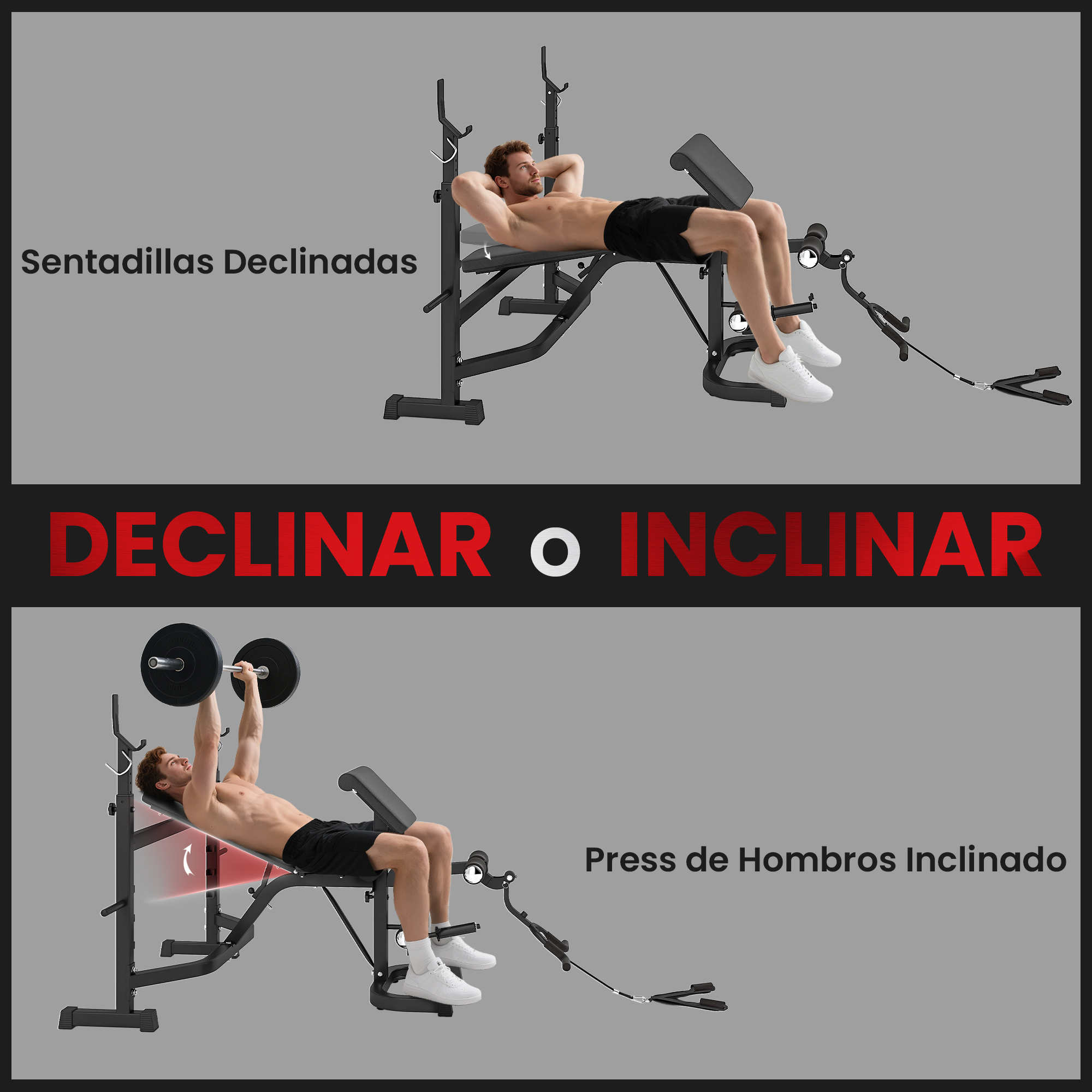 La imagen muestra dos ejercicios: sentadillas declinadas y press de hombros inclinado, ambos con un banco y mancuernas.