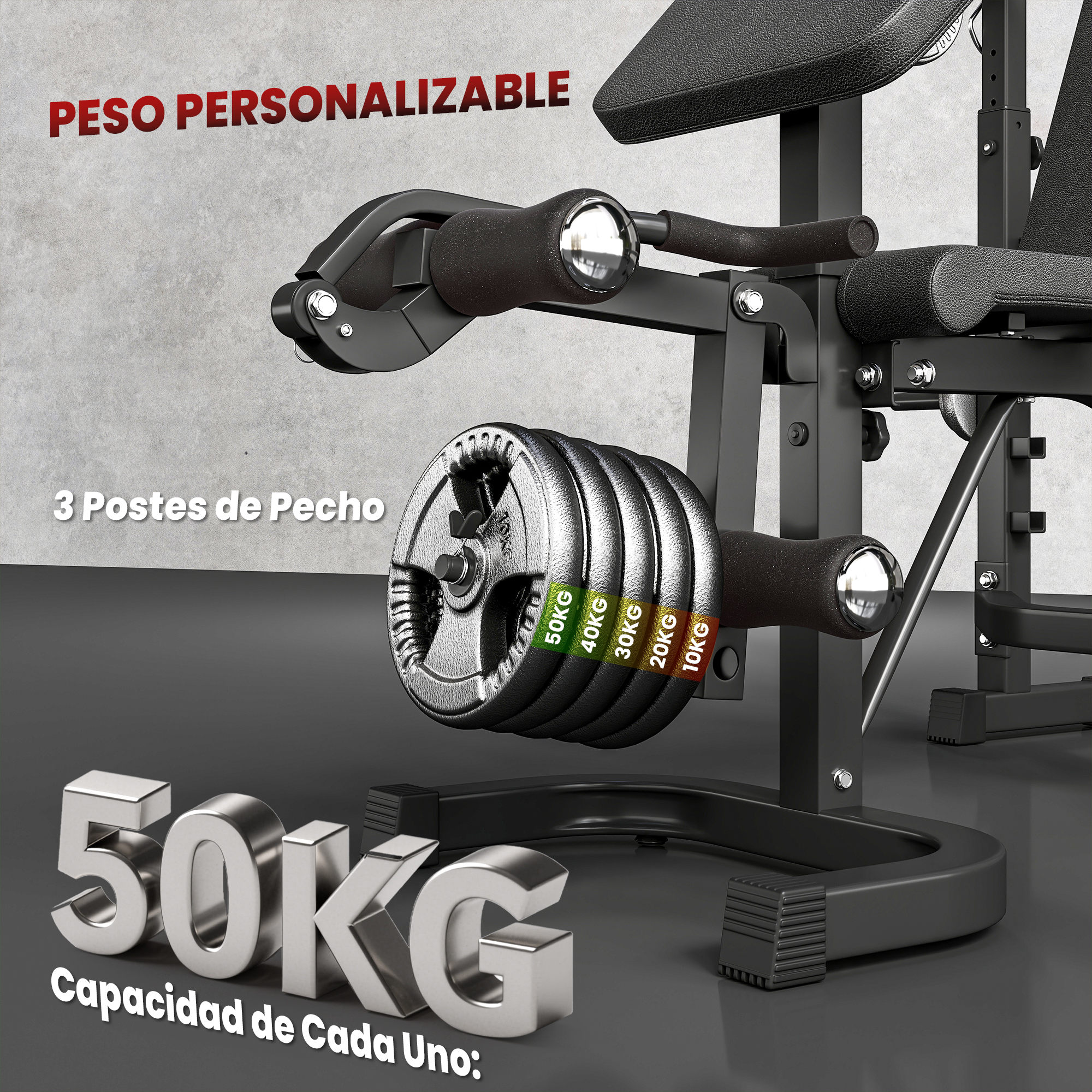 Una máquina de pesas con pesos apilados, etiquetados 10-50 kg. Texto: 'Peso personalizable' y 'Capacidad 50 kg'.