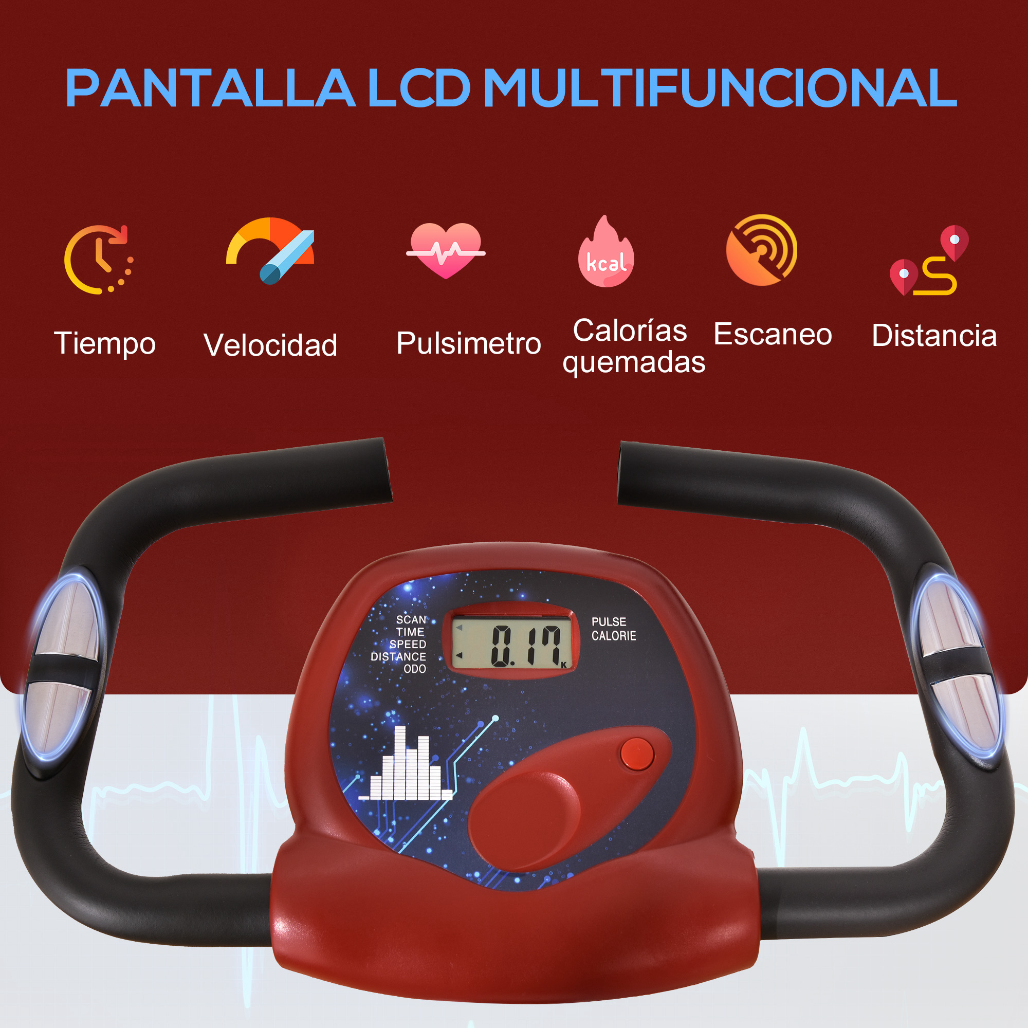 Una pantalla roja de bicicleta estática muestra tiempo, velocidad, pulso, calorías, escaneo y distancia. Se ven manillares negros.