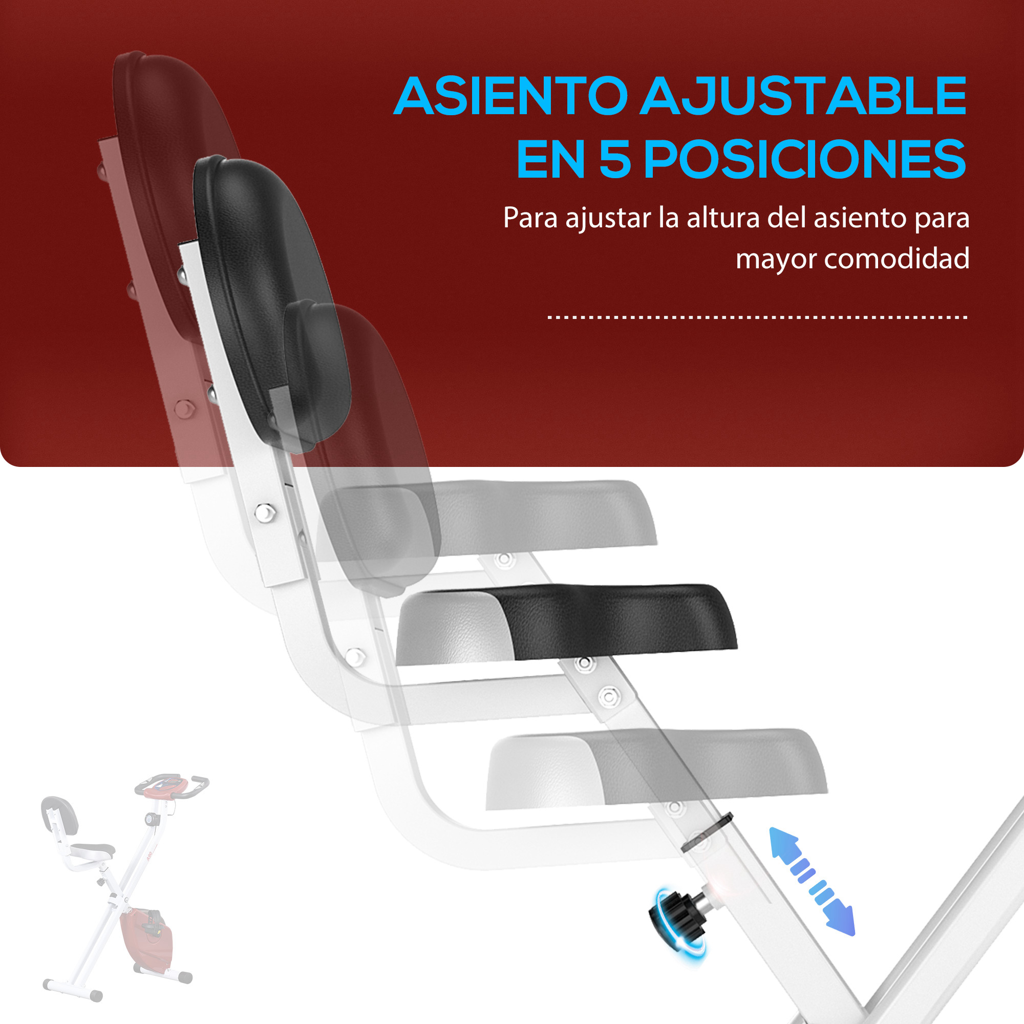 Un asiento de bicicleta estática se muestra en múltiples posiciones, con texto en español. Destaca el ajuste del asiento para mayor comodidad.