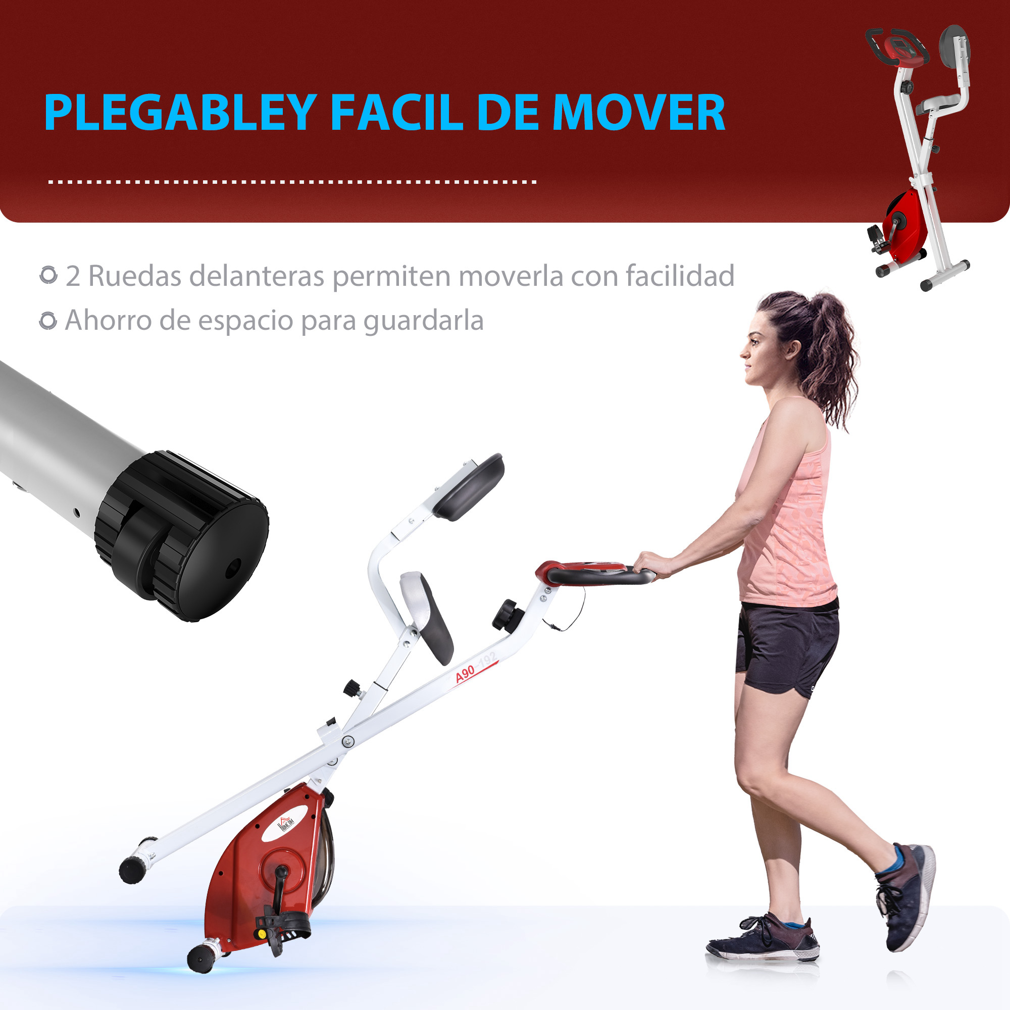 Una mujer usa una bicicleta estática. La bicicleta es roja y blanca. La imagen tiene el texto 'PLEGABLEY FACIL DE MOVER'.