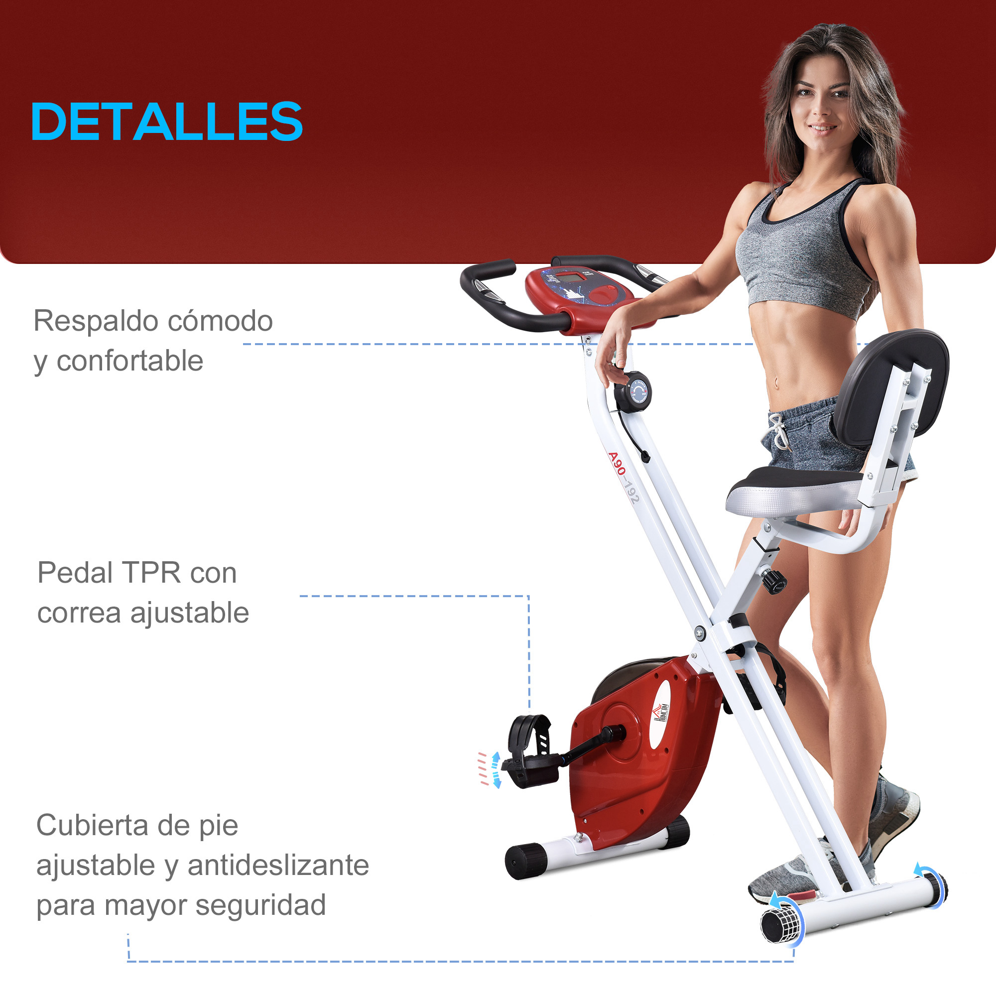 Una mujer está de pie junto a una bicicleta estática. Las características incluyen un pedal ajustable y un respaldo cómodo.