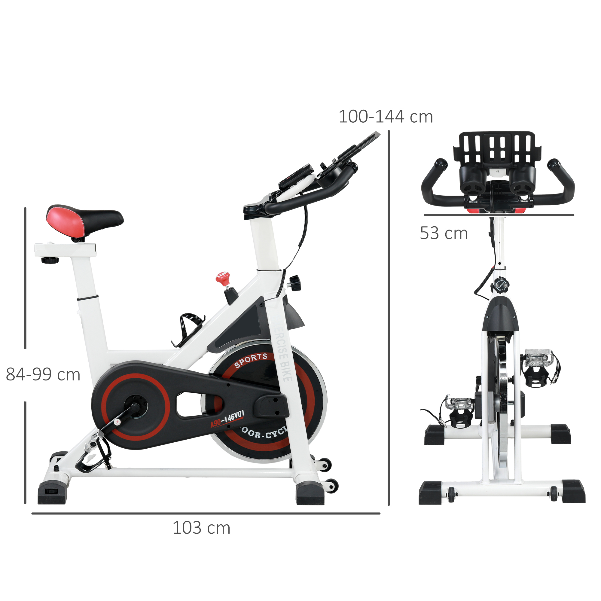 Weißes Trainingsfahrrad mit roten und schwarzen Akzenten. Abmessungen in cm werden angezeigt. Das Fahrrad hat einen Sitz, Griffe und Pedale.