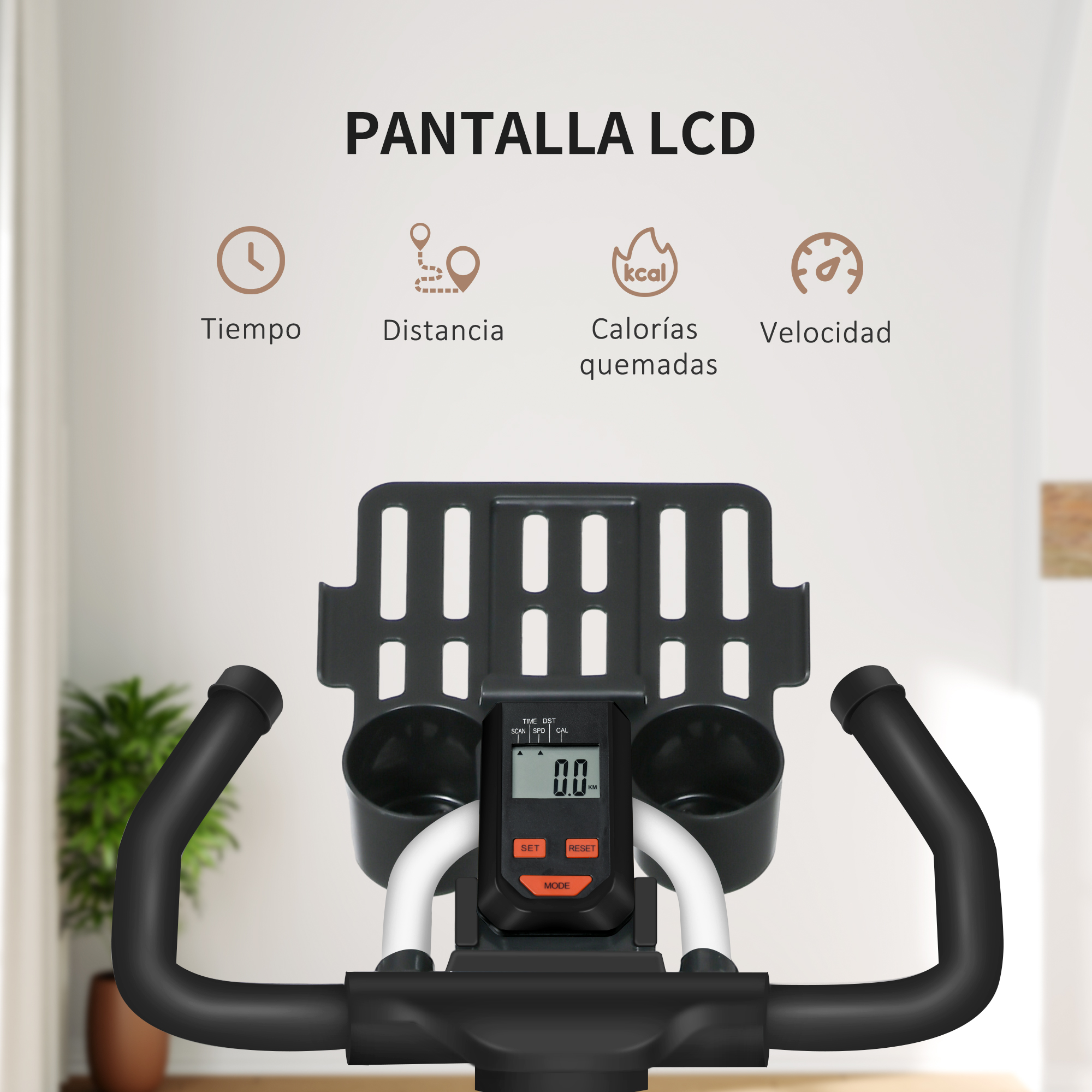 La pantalla LCD de una bicicleta estática muestra tiempo, distancia, calorías y velocidad. El manillar es negro, con datos numéricos.