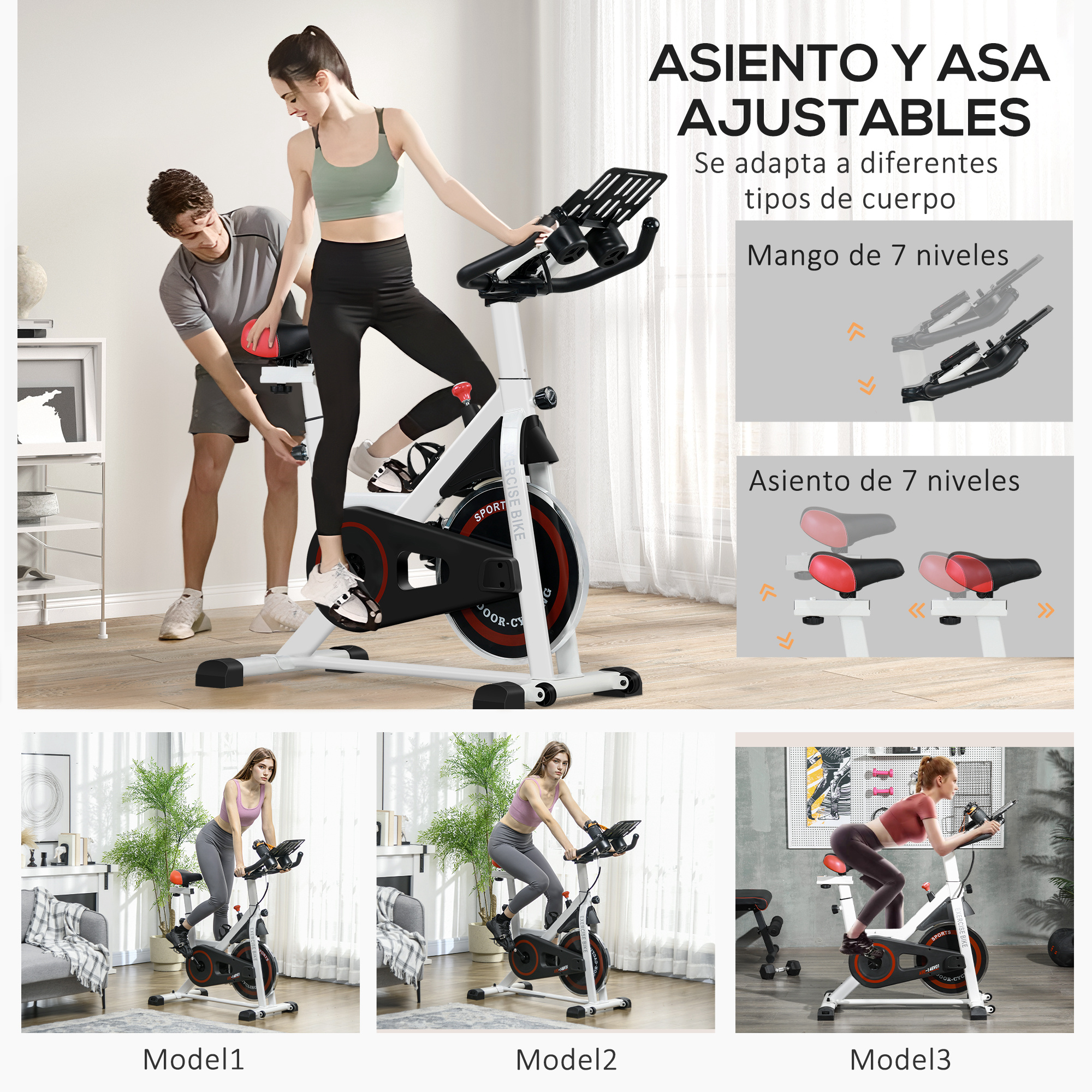 Un hombre ajusta el asiento de una bicicleta de ejercicios mientras una mujer está de pie sobre ella. Los diagramas muestran posiciones ajustables del asiento y del manillar.