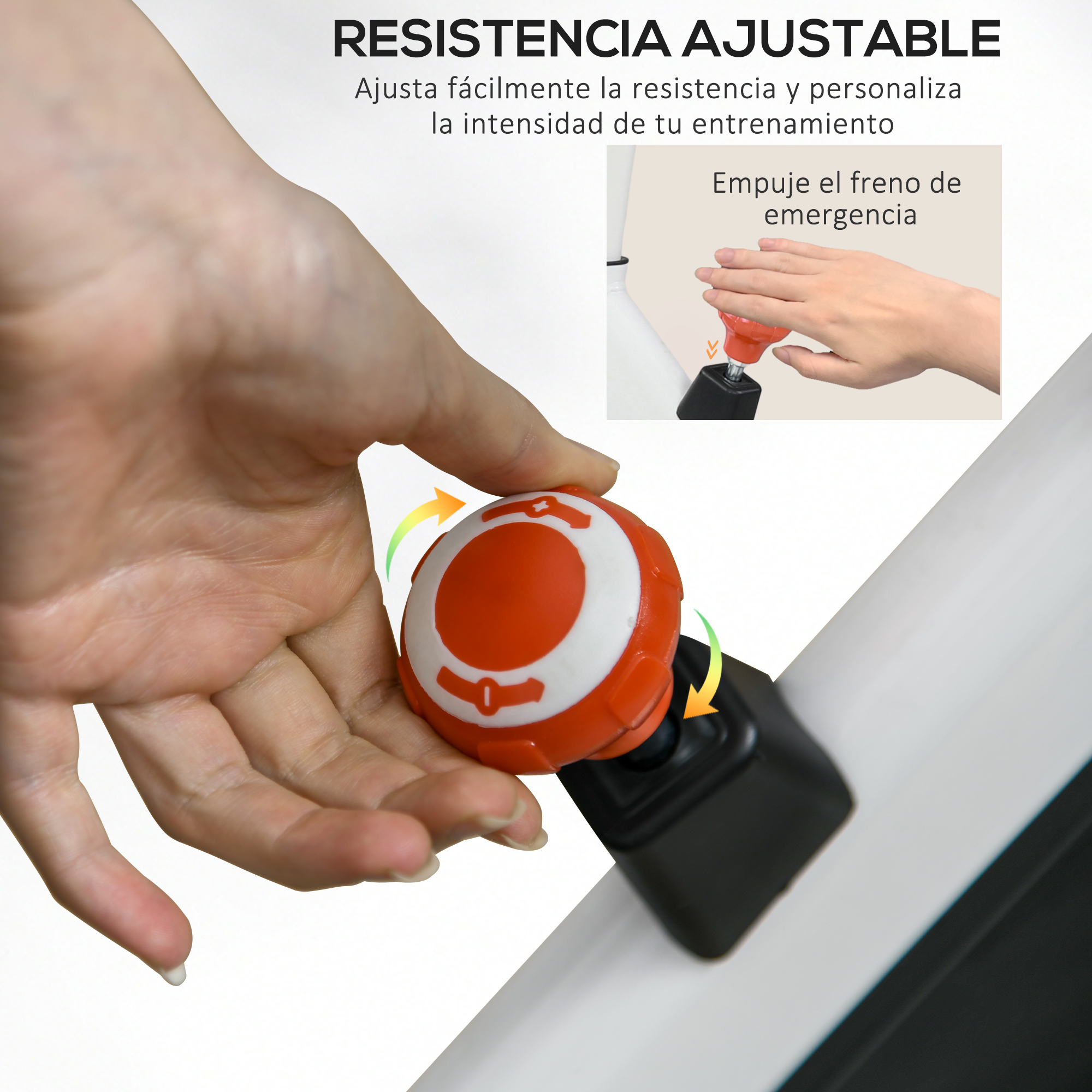 Una mano presiona un botón naranja. El texto dice 'Resistencia ajustable' y 'Presione el freno de emergencia'.