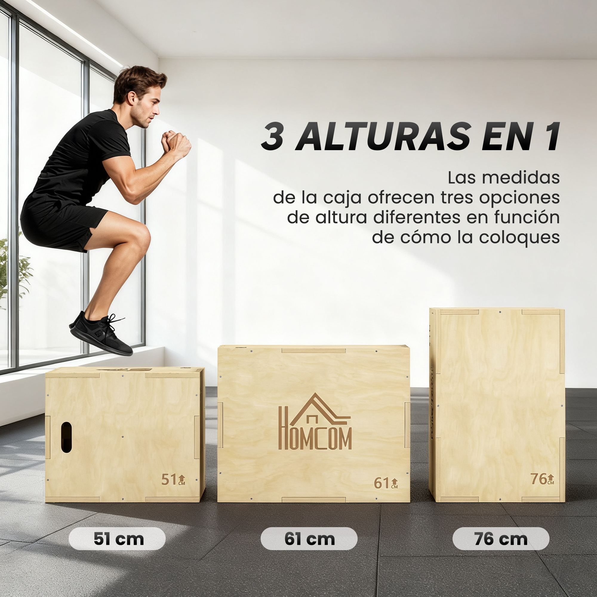 Un hombre salta sobre tres cajas de madera de diferentes alturas. Texto español describe opciones de altura.