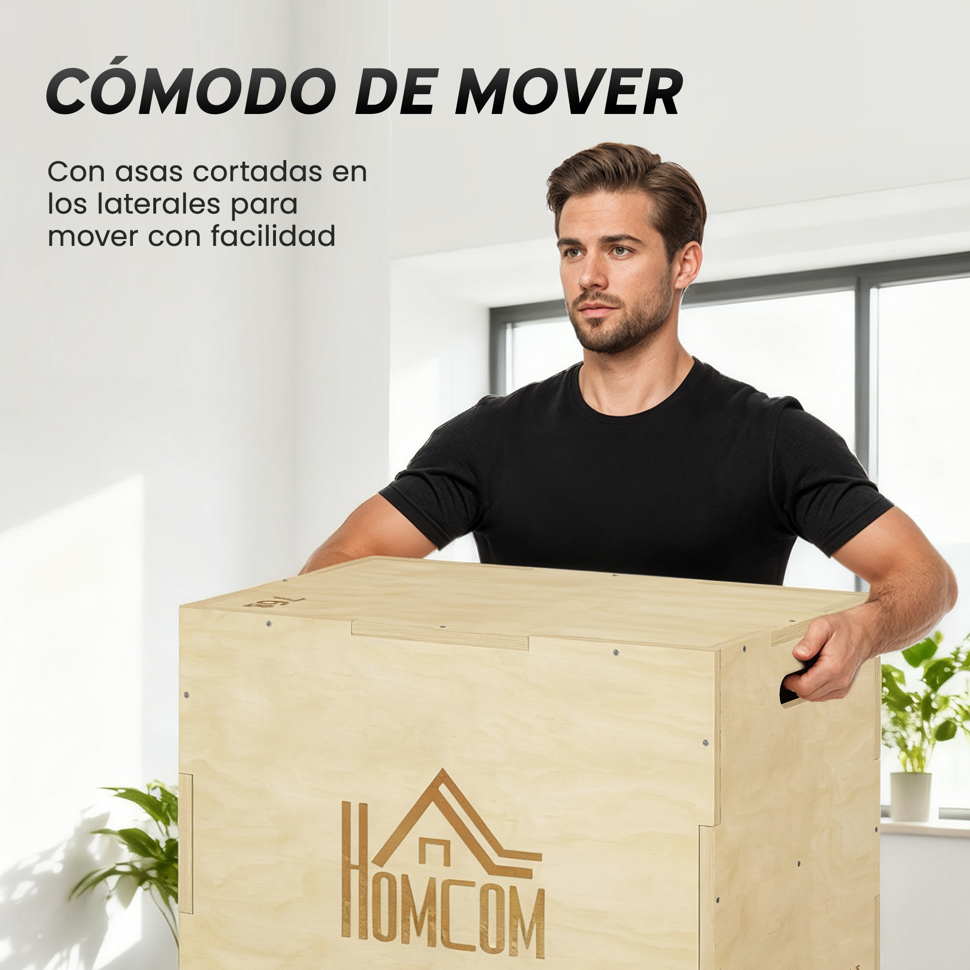 Un hombre sostiene una caja de madera con asas. El texto dice 'Fácil de mover'. La caja tiene un logotipo y está en una habitación.