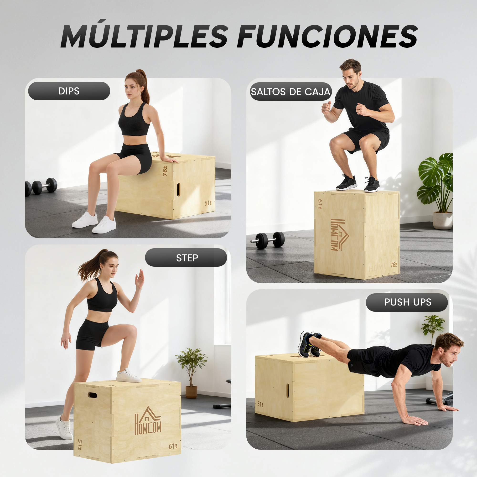 La imagen muestra personas haciendo ejercicio en cajas de madera. Las actividades incluyen fondos, saltos de caja, step-ups y flexiones. El título es 'Múltiples Funciones'.