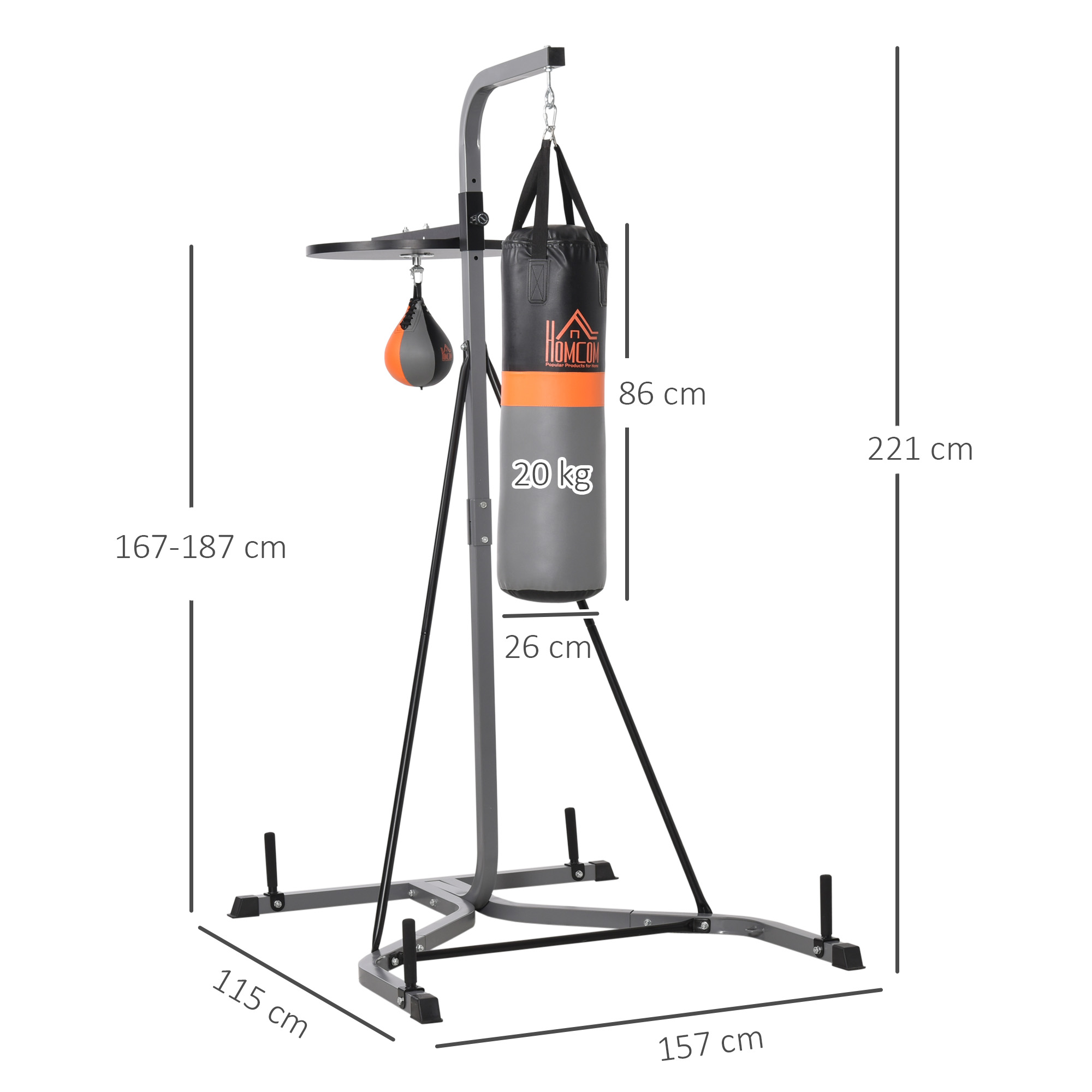 Soporte de boxeo con saco de boxeo, pera y dimensiones en cm. La bolsa es negra y gris.