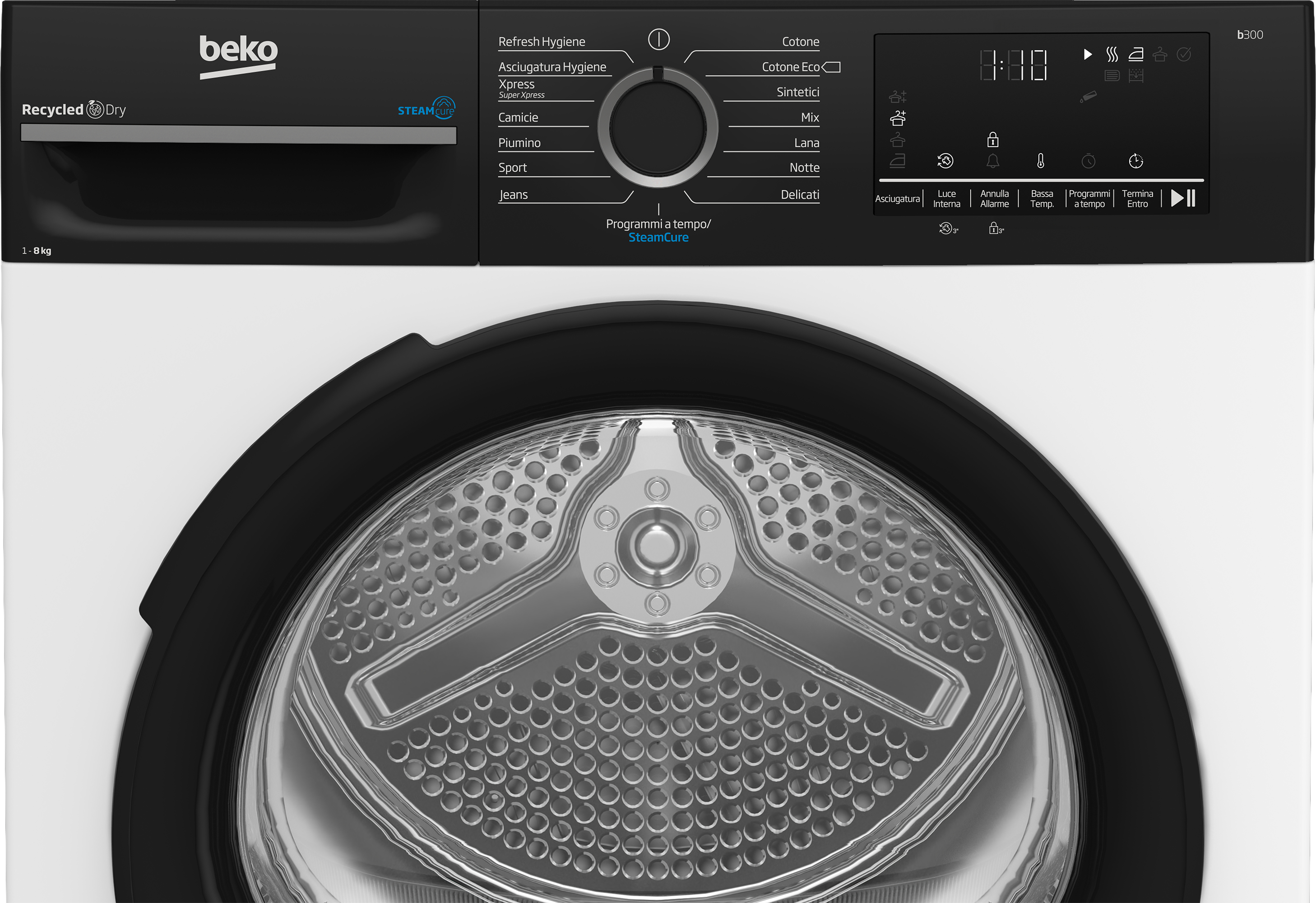 Vista frontale di un'asciugatrice Beko. Ha un display digitale, opzioni di programma e un quadrante rotante. L'oblò è rotondo.