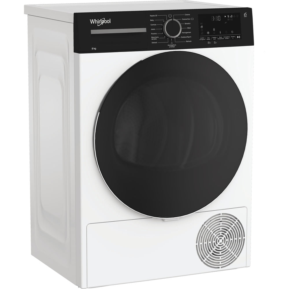 Un'asciugatrice Whirlpool bianca con porta nera. Ha un pannello di controllo con pulsanti e un display digitale. Una presa d'aria in basso.
