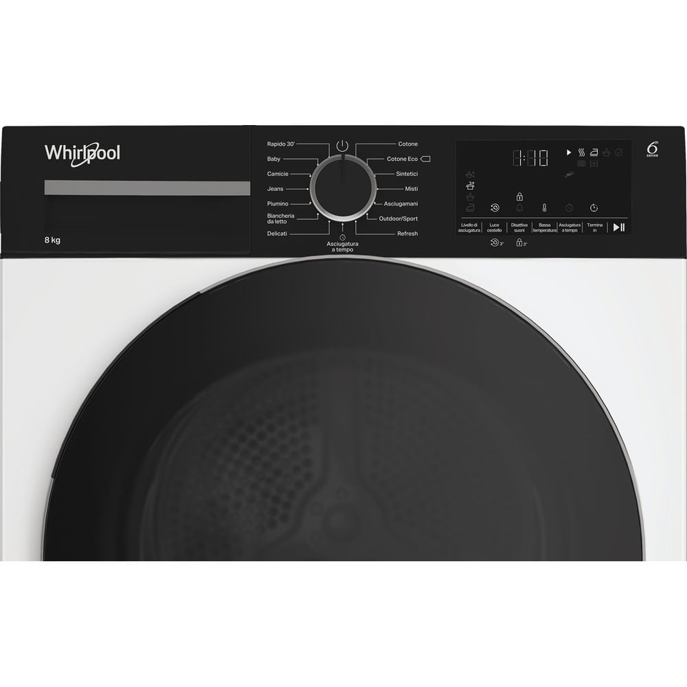 Un'asciugatrice Whirlpool bianca con porta e pannello di controllo neri. Visualizza le impostazioni e un timer.