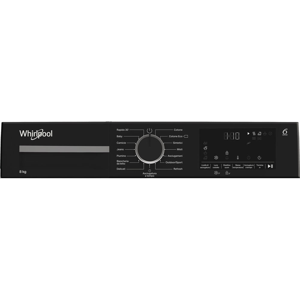 Pannello di controllo nero della lavatrice Whirlpool con opzioni di programma e display digitale.