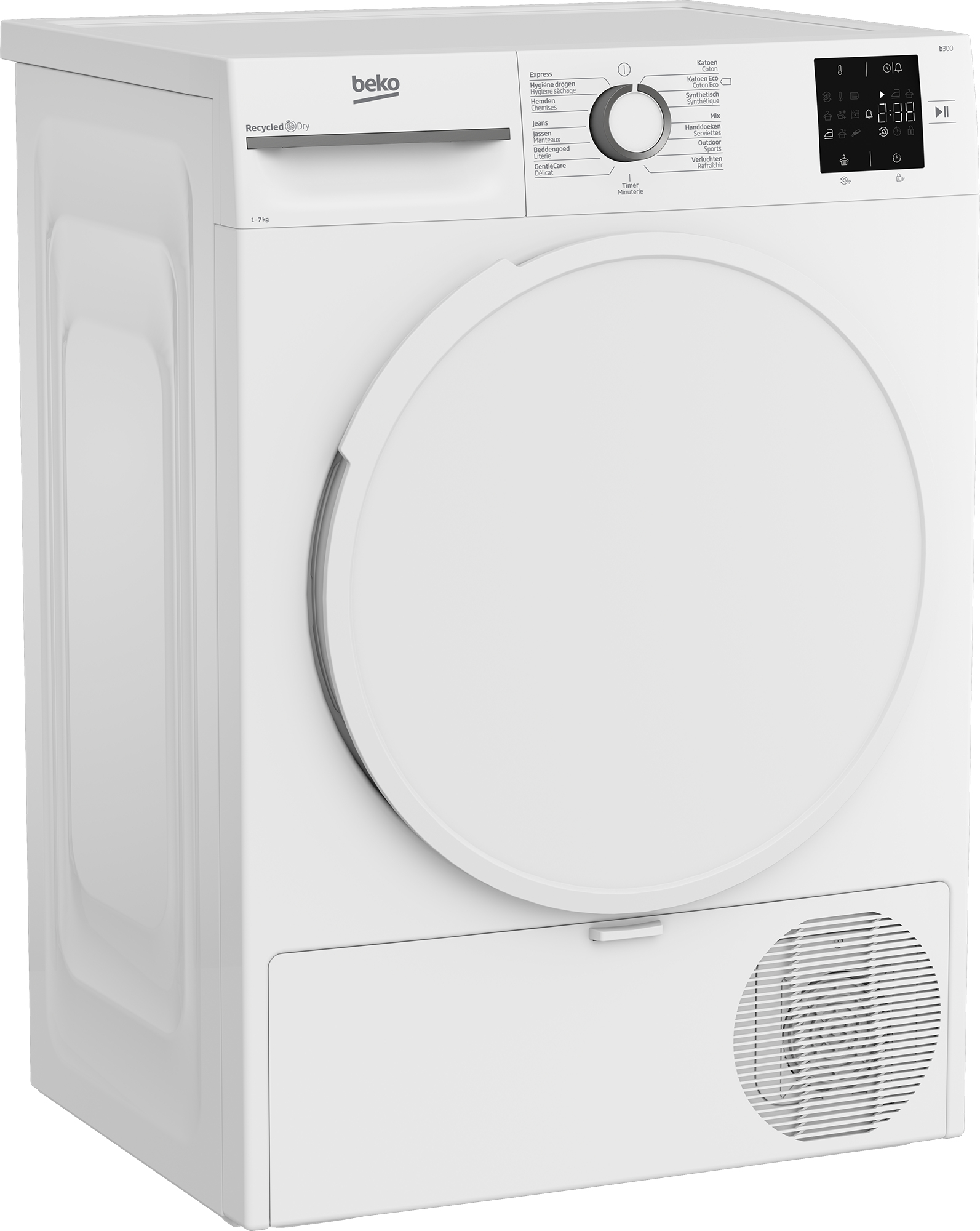 Un'asciugatrice Beko bianca. Ha un pannello di controllo con pulsanti e un display digitale. La porta è circolare.