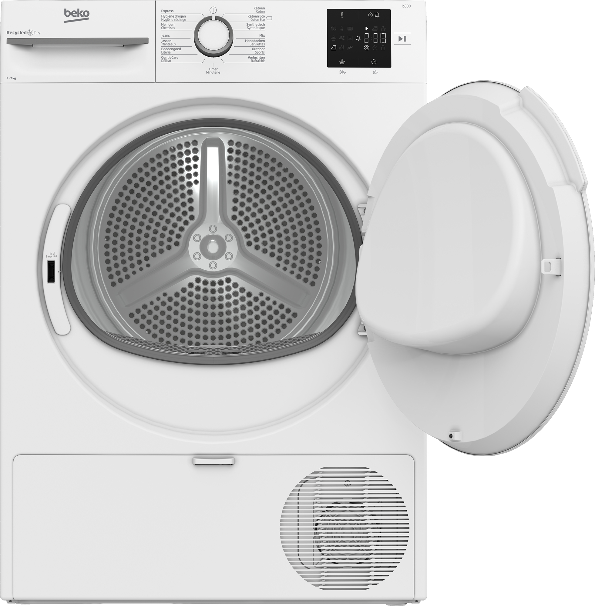 Asciugatrice Beko bianca con porta aperta. Il tamburo è visibile. Pannello di controllo e impostazioni in alto.
