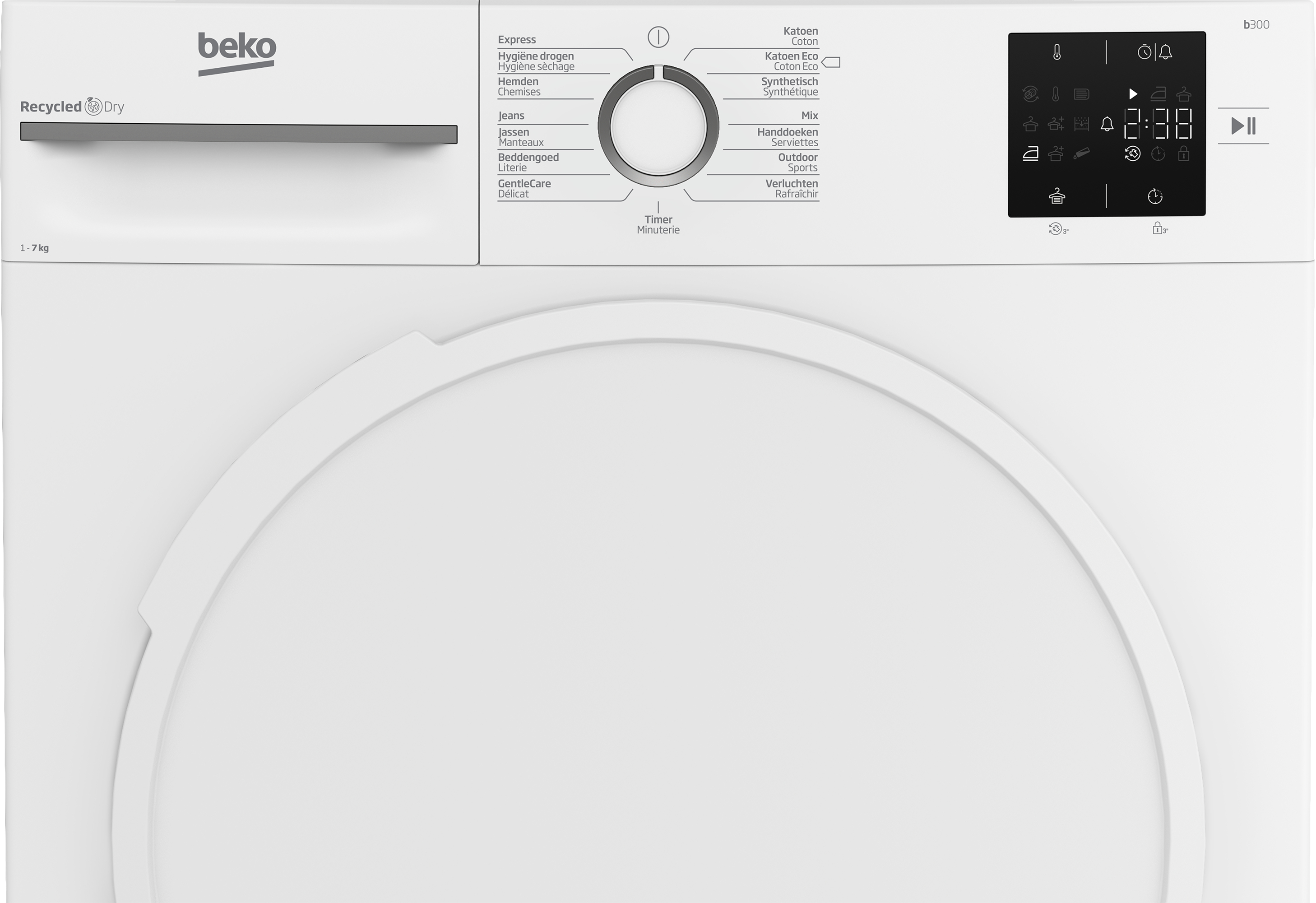 Asciugatrice Beko bianca. Ha pulsanti per diverse opzioni di asciugatura e display digitale.