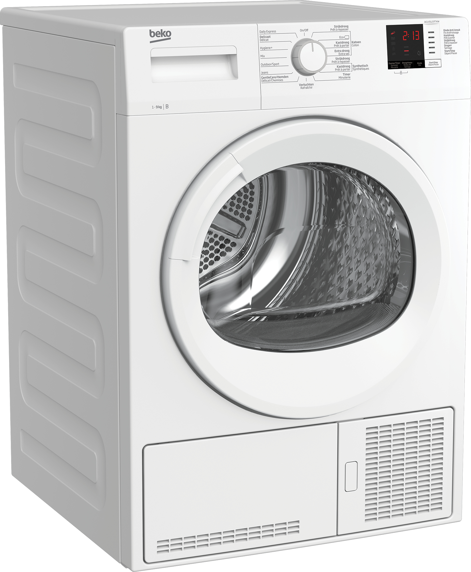 Un'asciugatrice Beko bianca, vista frontale, con un pannello di controllo in alto. Ha un quadrante circolare e un display digitale.