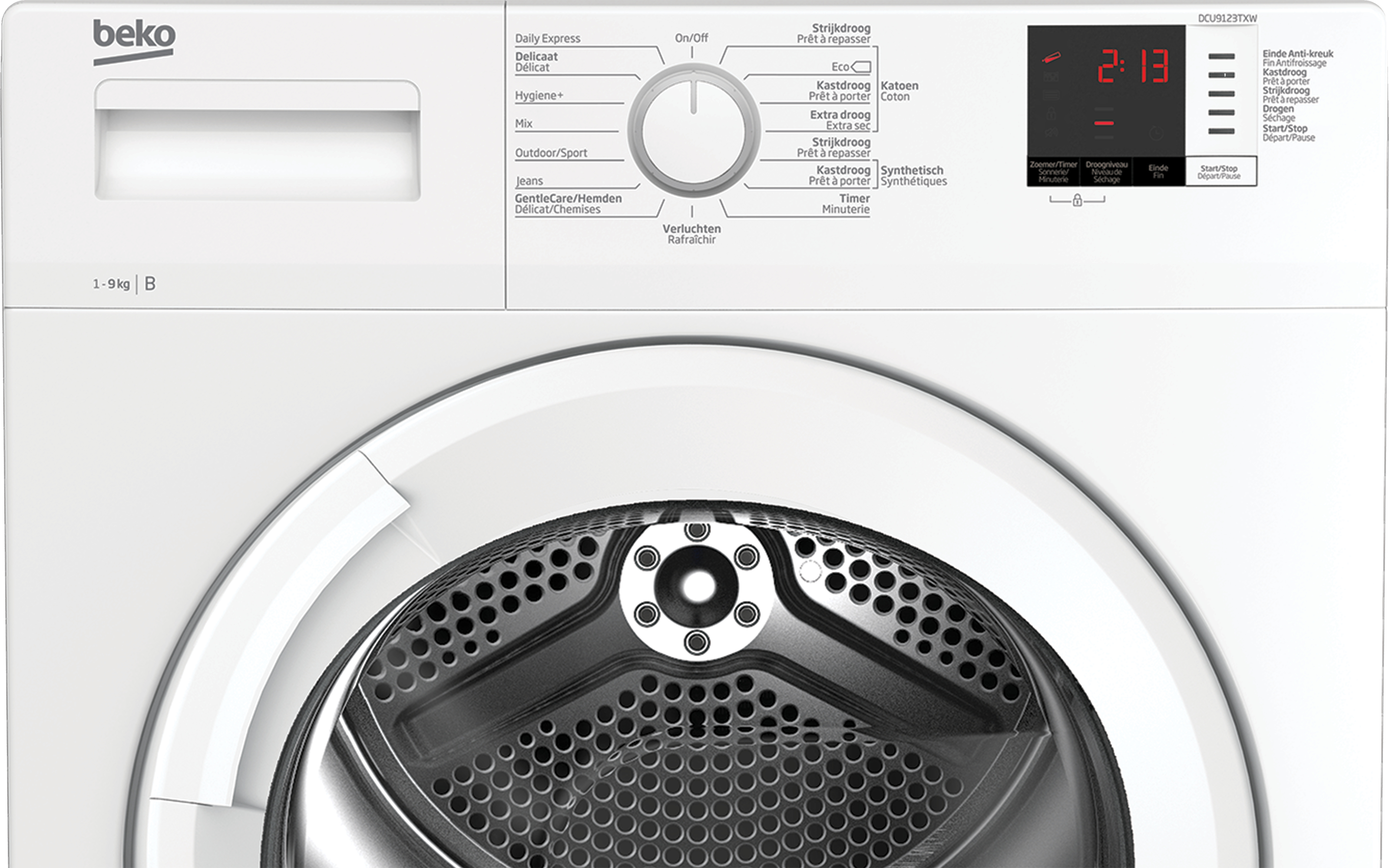 Vista frontale di un'asciugatrice Beko bianca. Dispone di un pannello di controllo con impostazioni e display digitale. Il cestello è visibile.